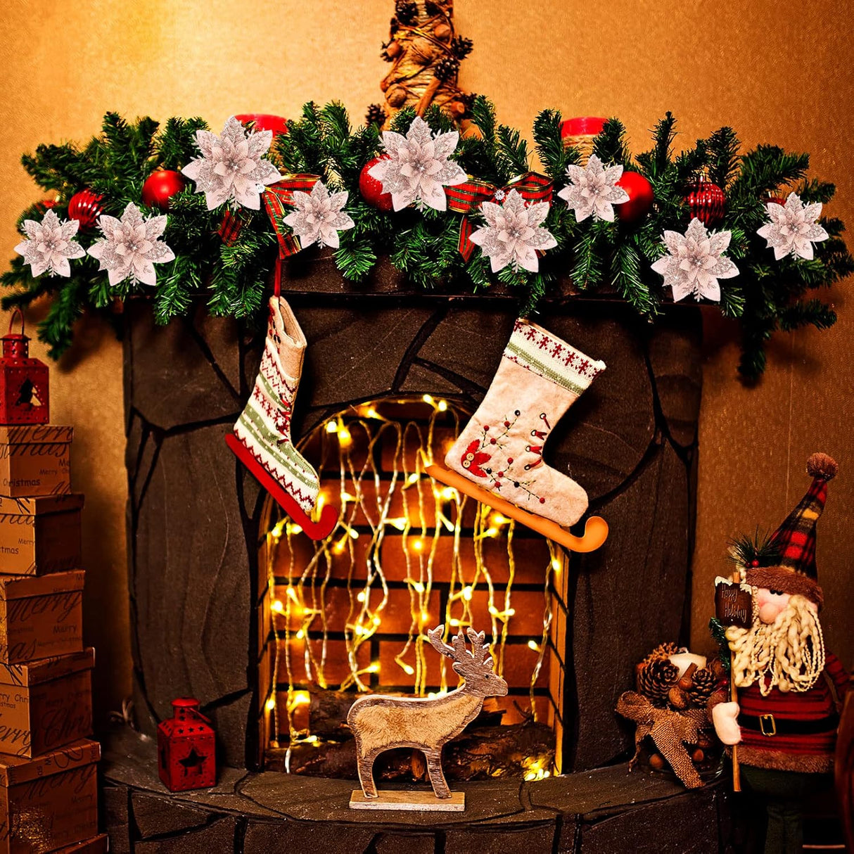 36 Pzs Poinsettias Artificiales con Clips para Decoraciones Navidad