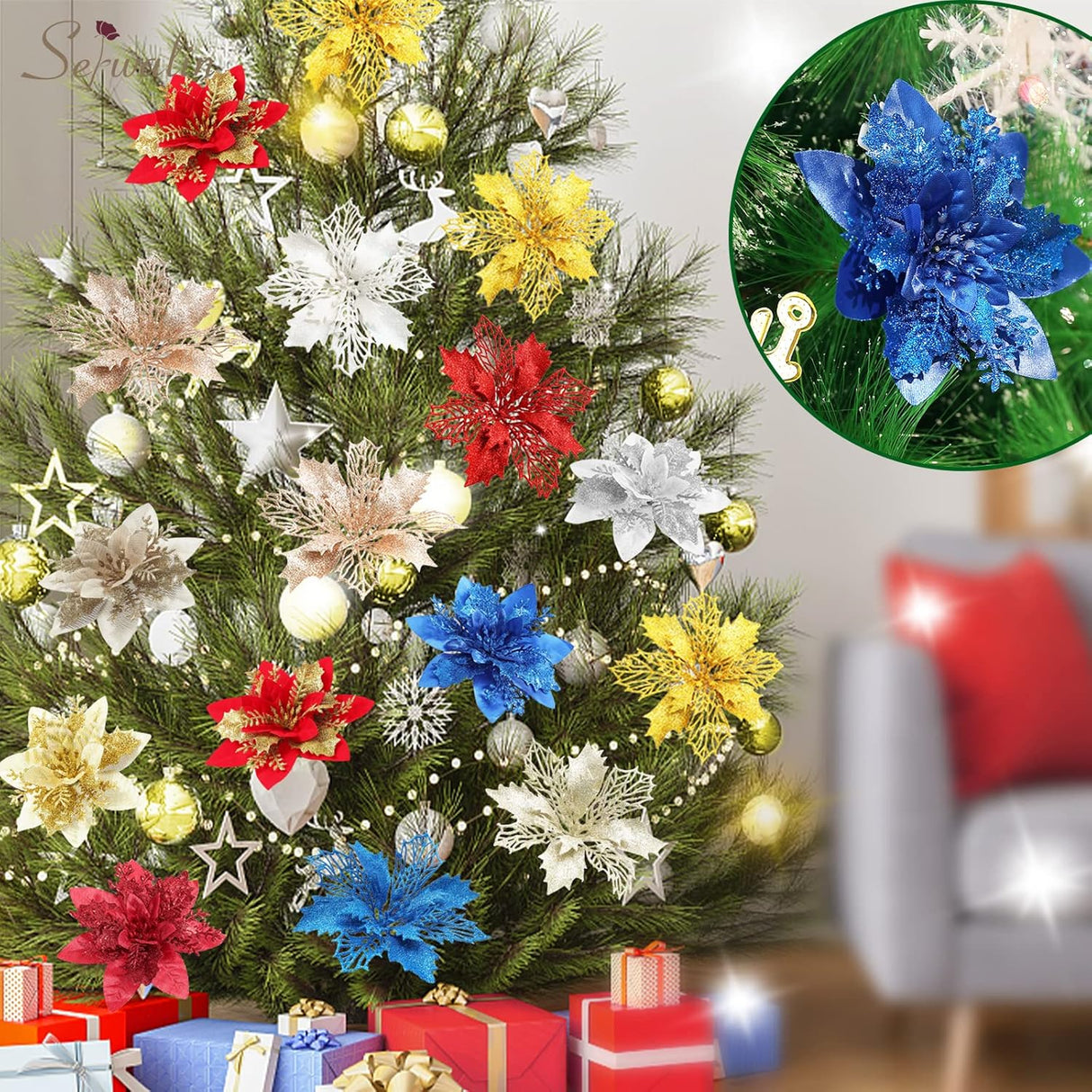 Flores Artificiales Serwalin 20Pcs Poinsettia 5.5/6.3 Pulgadas