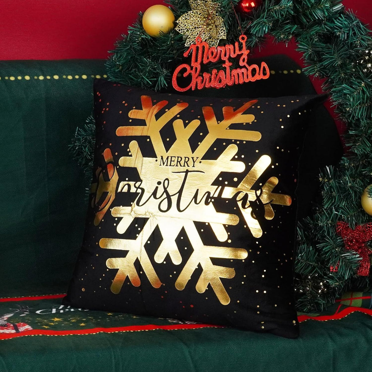 Funda de Cojín ONWAY 18x18 Set de 4 Copos de Nieve y Renos