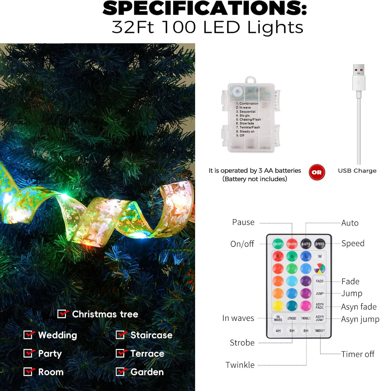 Decoraciones de Árbol de Navidad, 100 LED, 8 Modos, USB/Batería