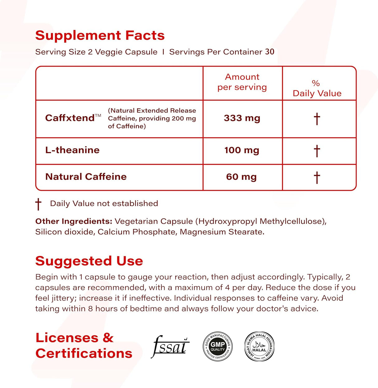 Píldoras de Cafeína de Liberación Extendida - 200mg - 60 Caps