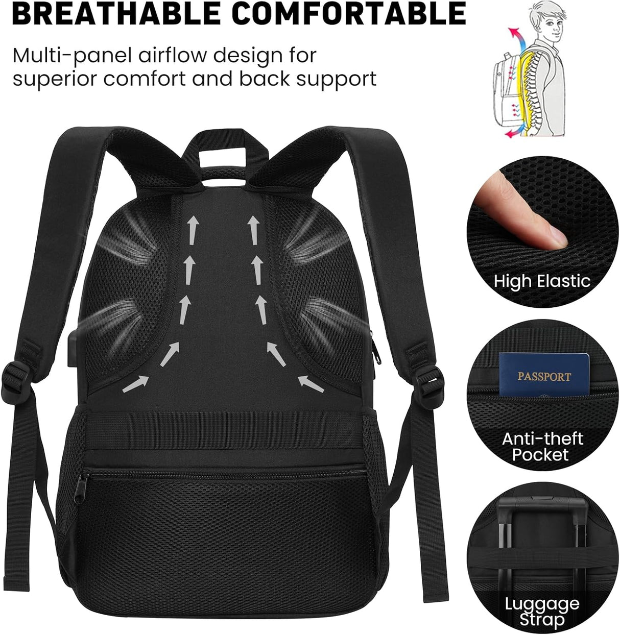 Mochila Casual Unisex, Ligera, 17.3 con Cargador USB, Modelo X