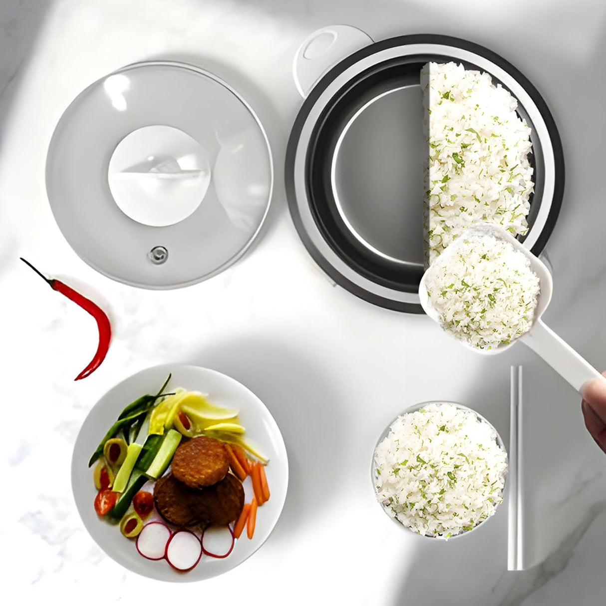 Arrocera Mini Mishcdea 2 Tazas, Vaporera, Antiadherente, 2 Cups