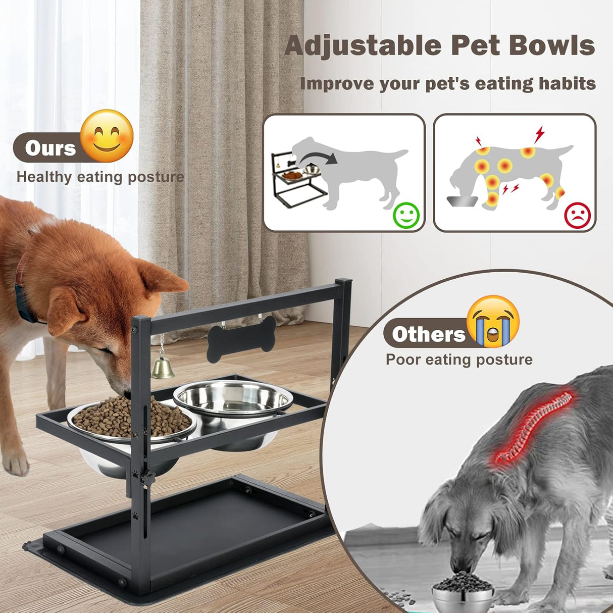 Cuencos Elevados para Perros Grandes, Ajustables, con Mat Anti-derrame.