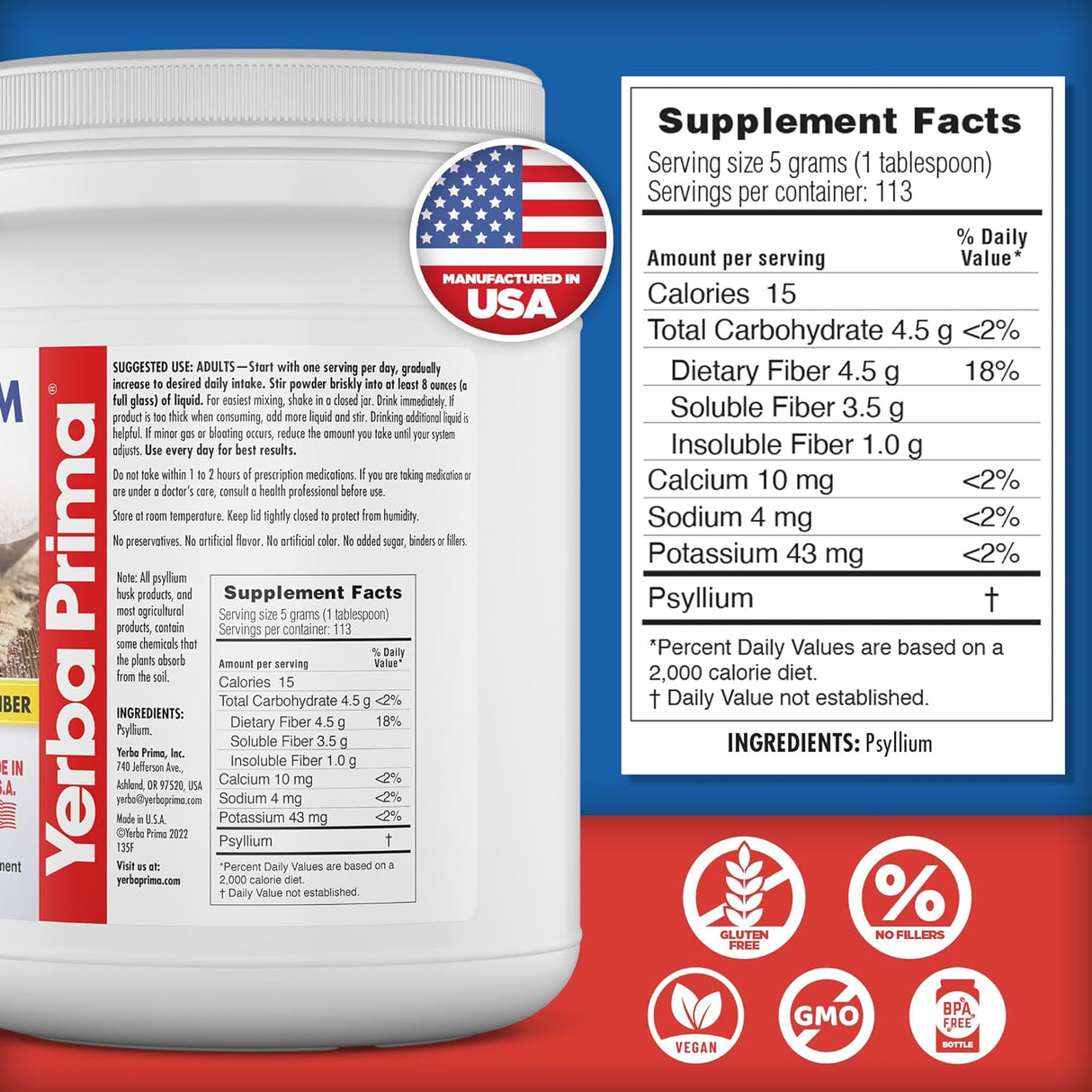 Suplemento de fibra Psyllium Yerba Prima - 20oz, vegano y sin gluten