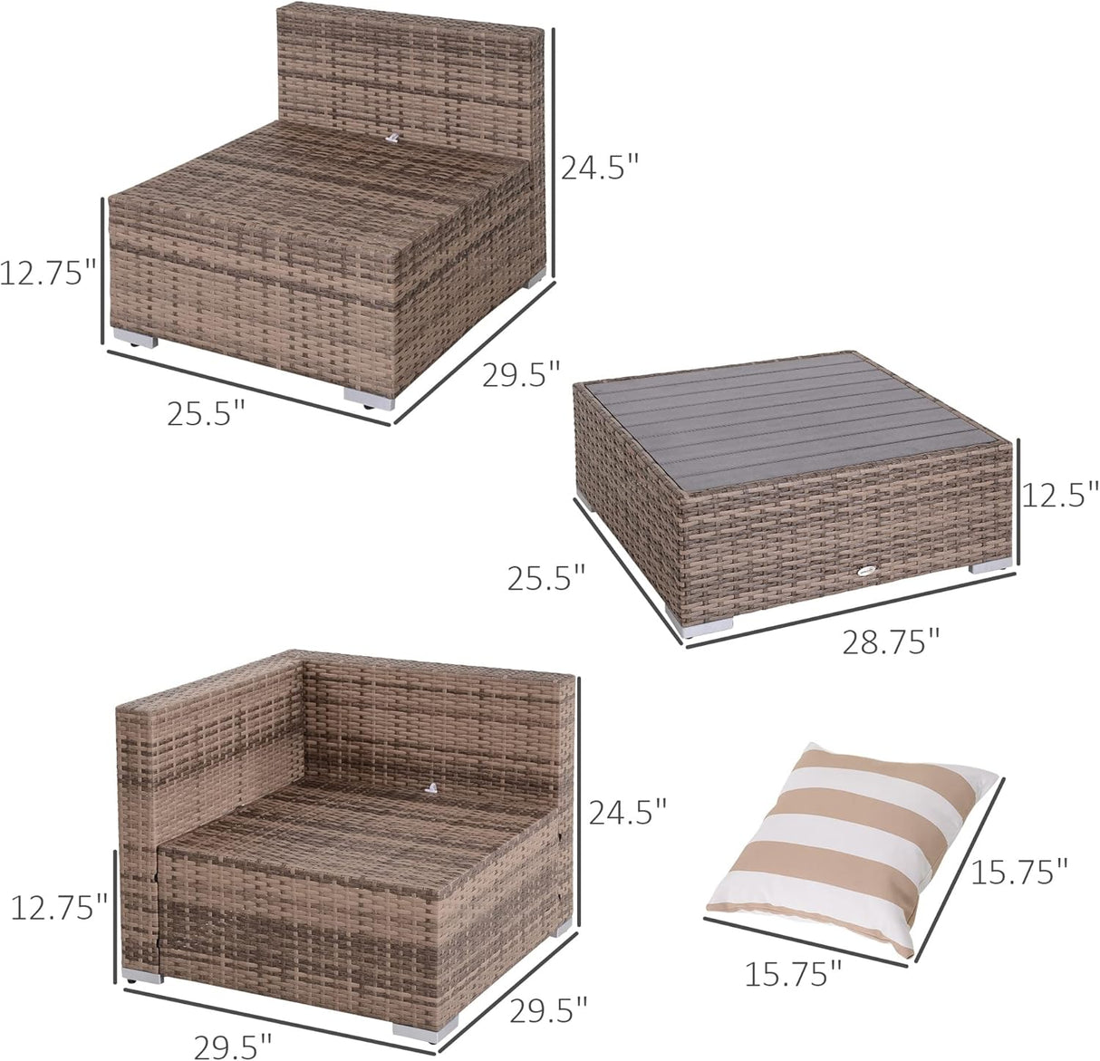 Outsunny Juego de muebles de patio de 7 piezas, juego de conversación de mimbre para exteriores, juego de sofá modular de ratán PE para todo tipo de clima, con cojines y mesa de madera sintética, almohadas a rayas, gris