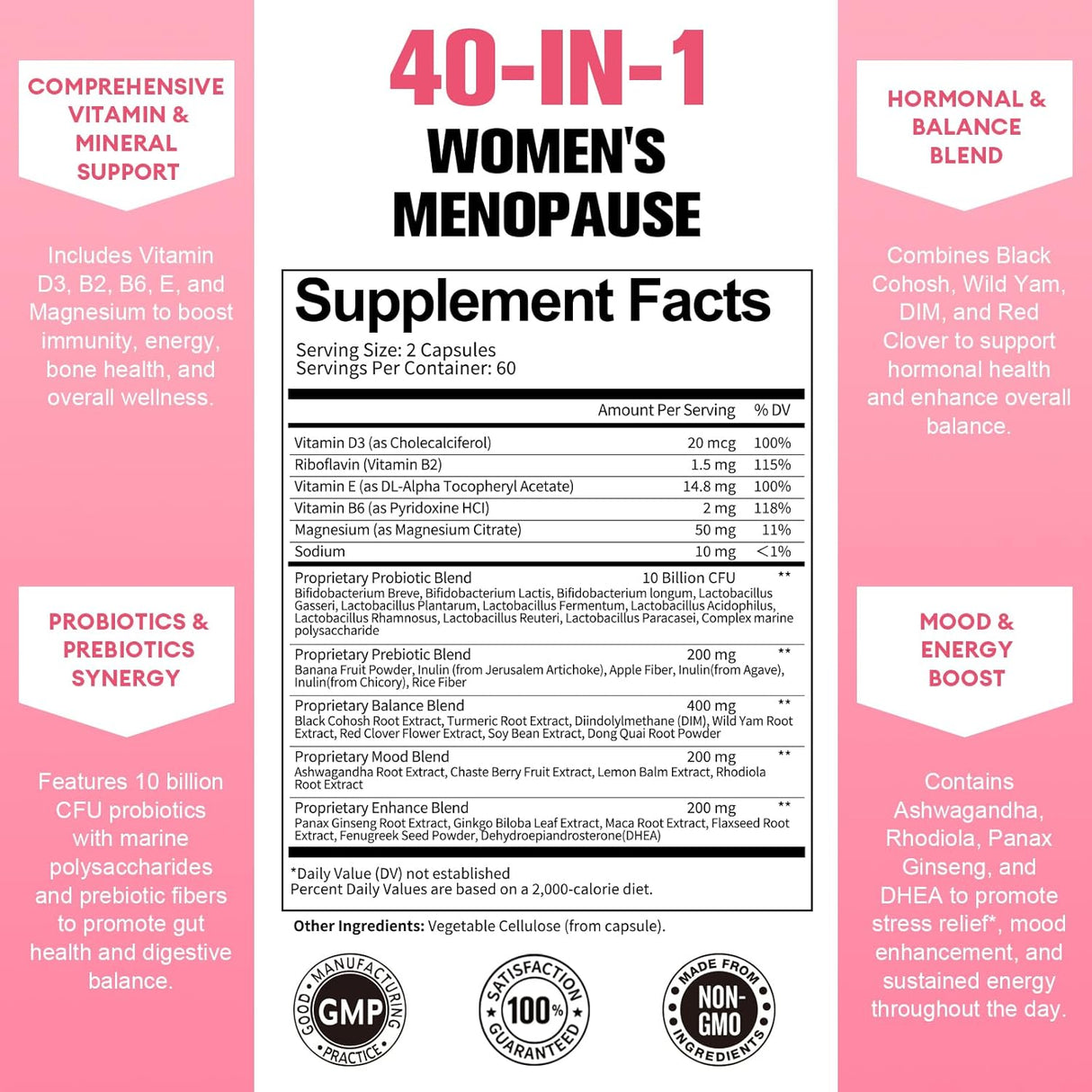 Suplemento menopausia 40-en-1, equilibrio hormonal, 120 cápsulas