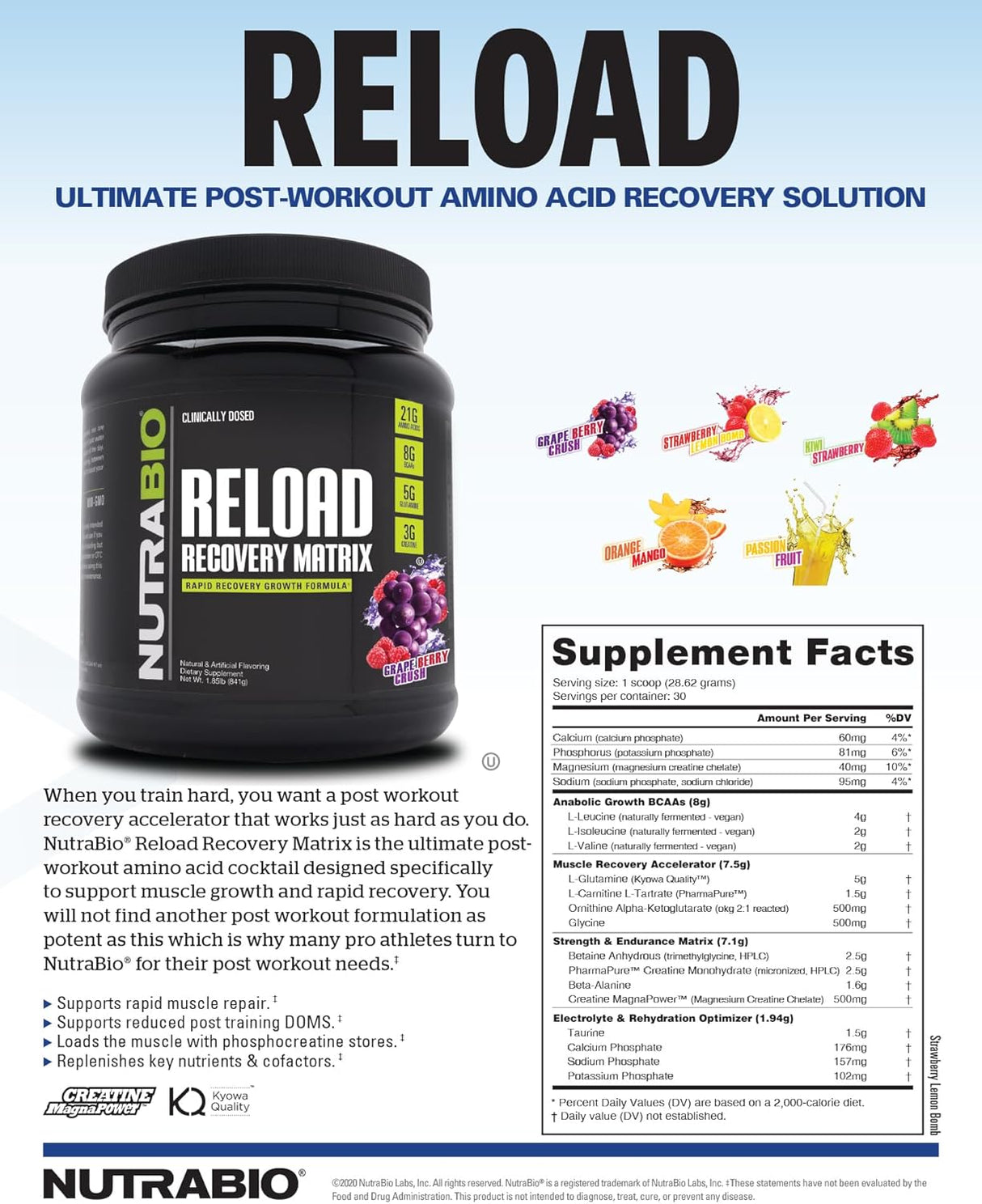 NutraBio Reload Suplemento de Recuperación Muscular 30 Serv.