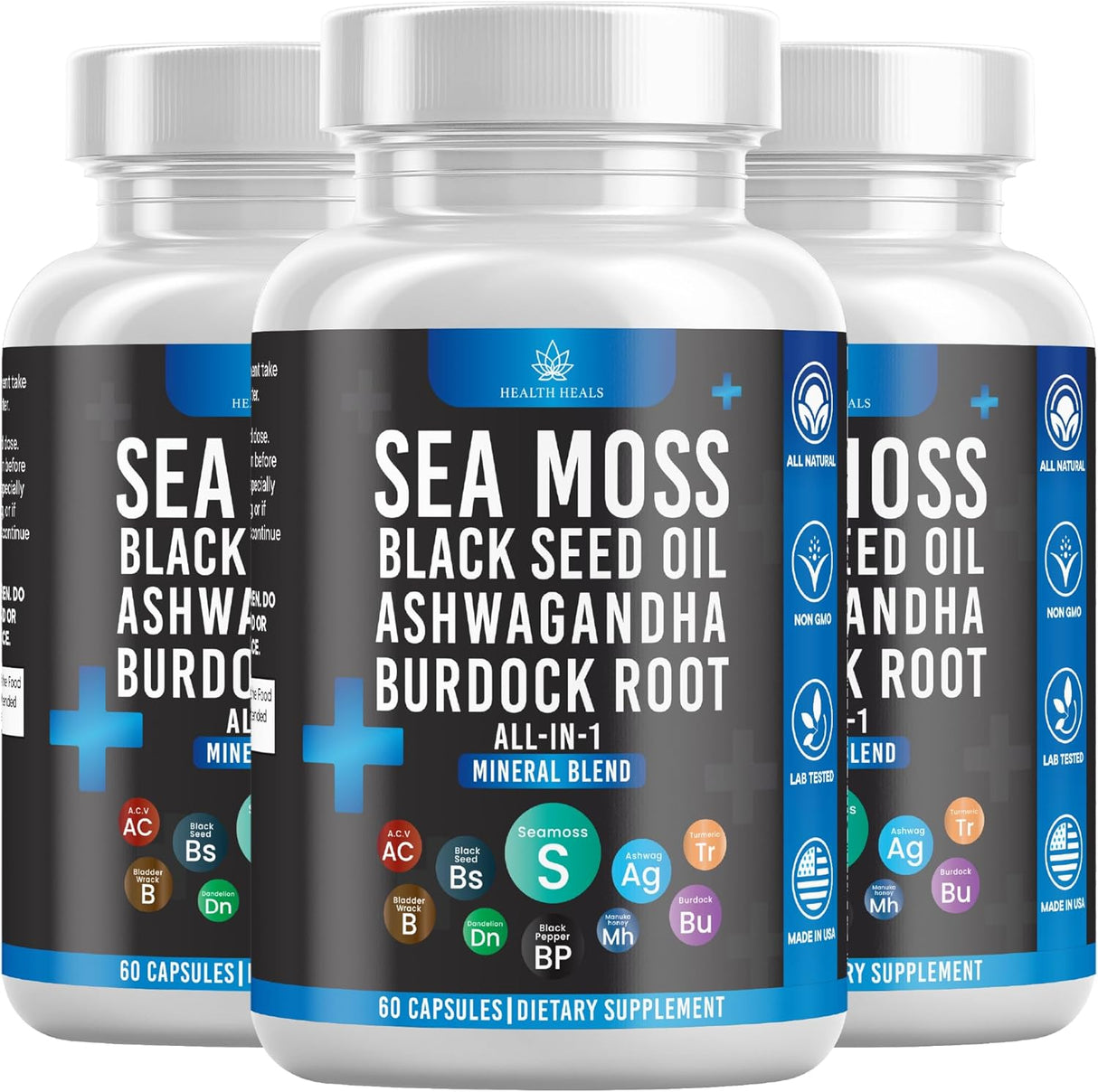 Sea Moss Black Seed Oil Ashwagandha Bladderwrack Burdock - 180 Cápsulas