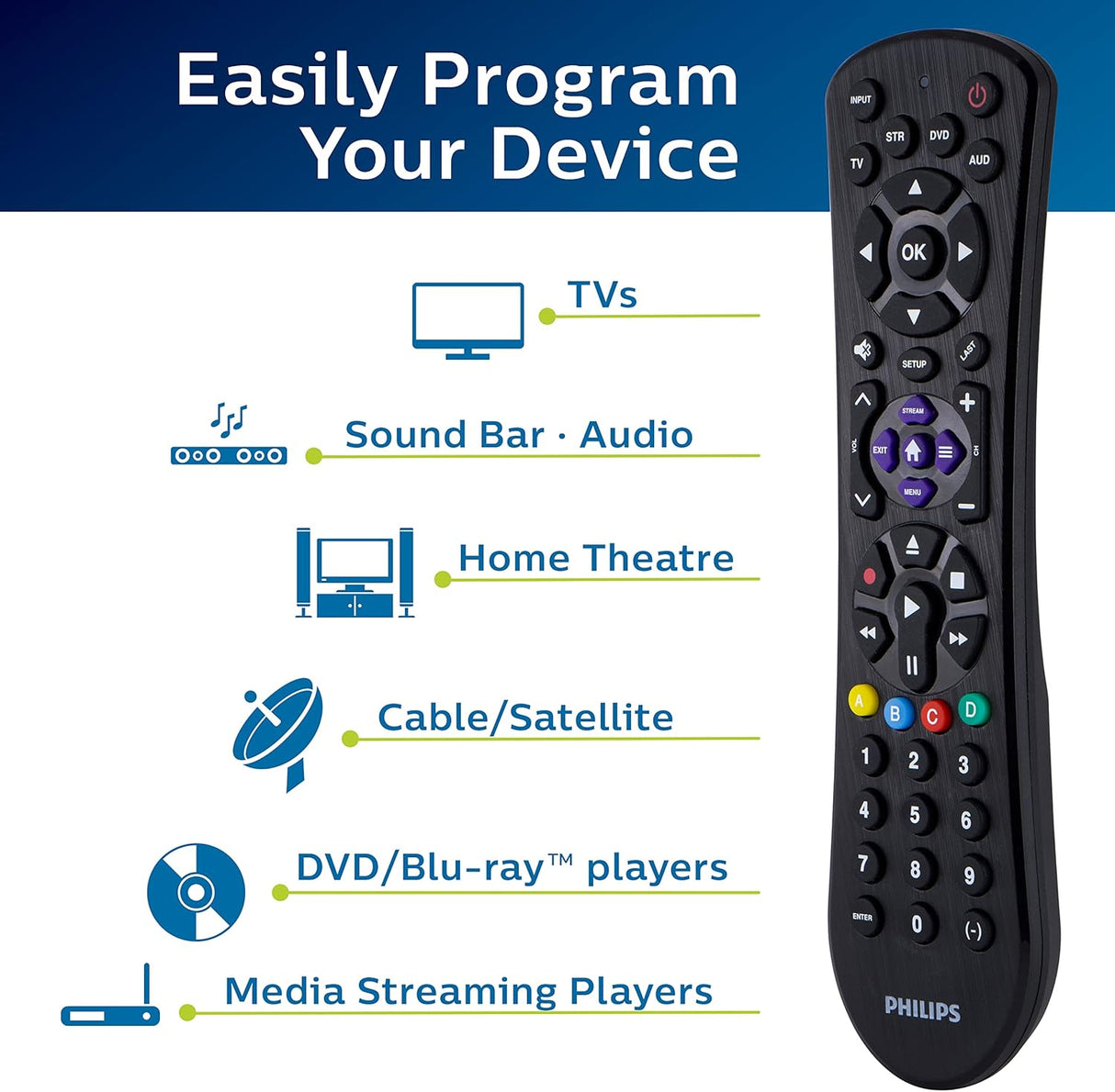 Control Remoto Universal Philips, 4 Dispositivos, SRP9243B/27