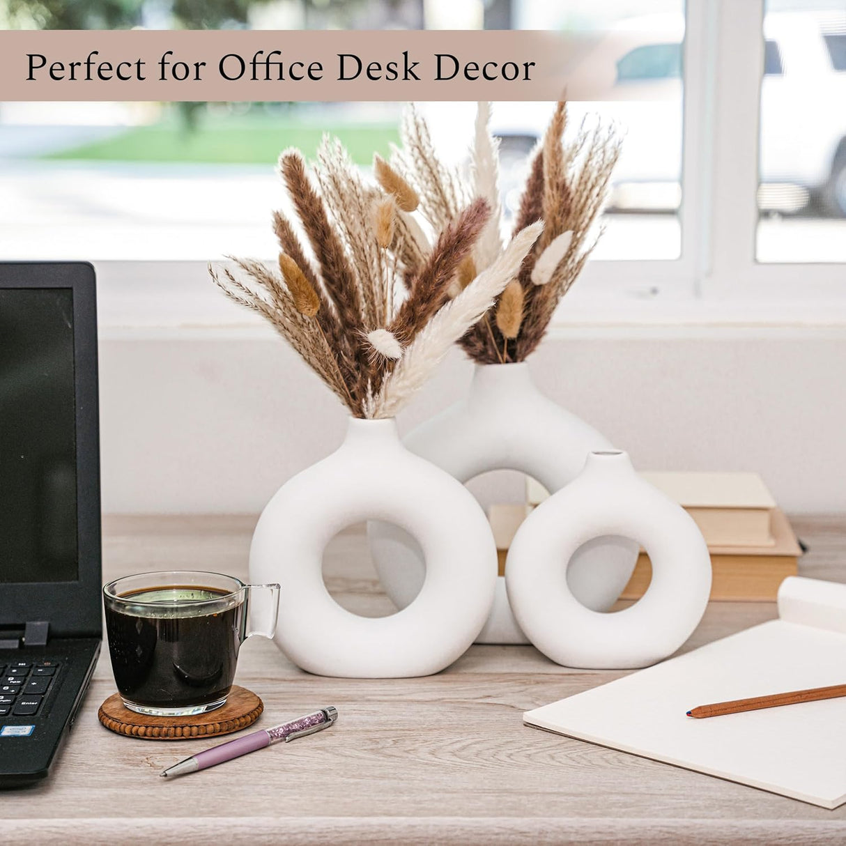 Juego de 3 Jarrones de Cerámica VELOVA con Pampas Secas