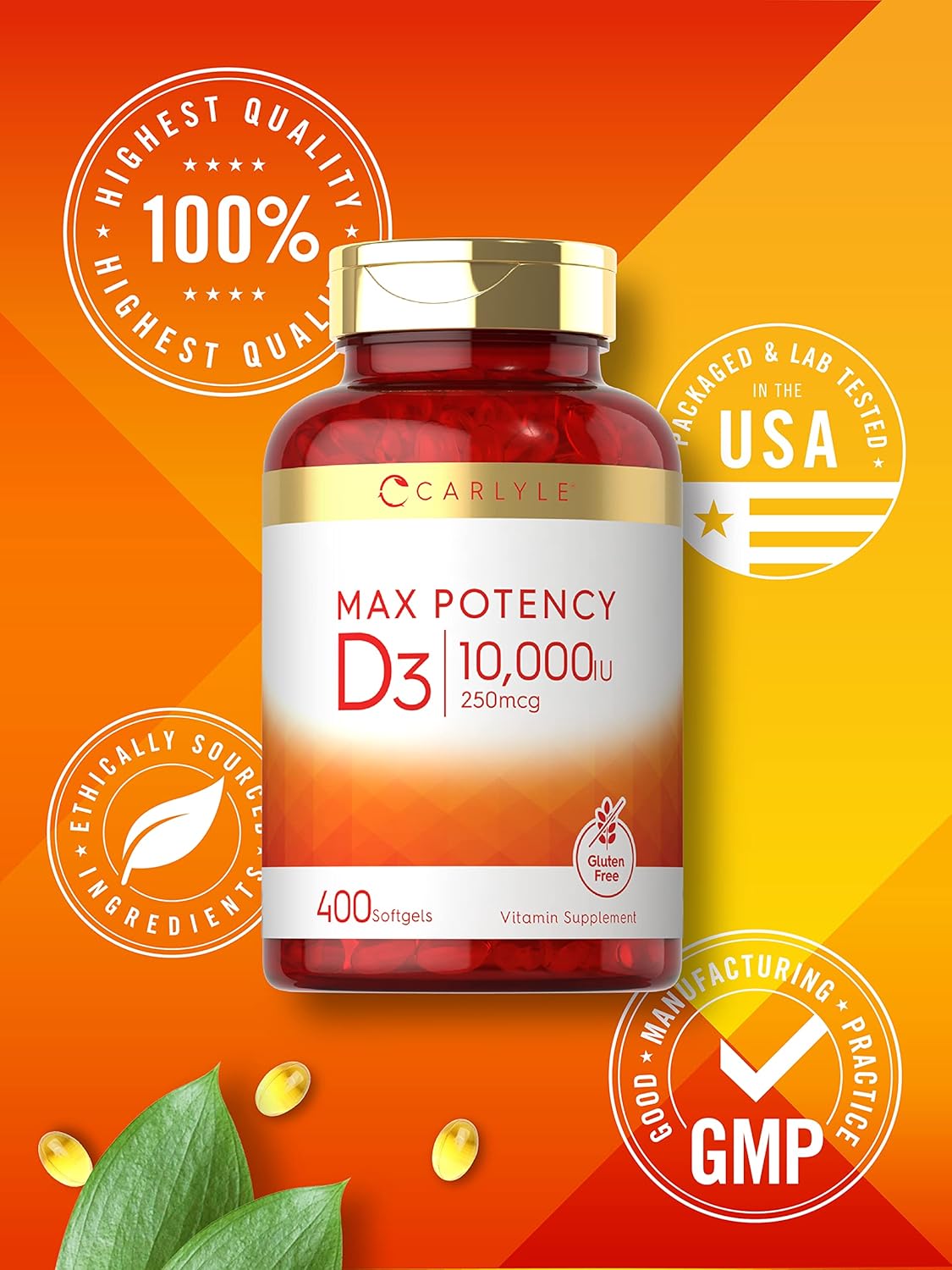 Suplemento de Vitamina D 10000 IU Carlyle, 400 Gelatinas