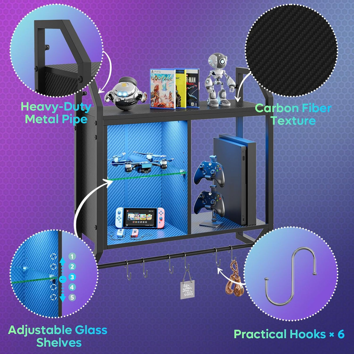 Estantes LED para juegos Bestier, estantes de vidrio ajustables