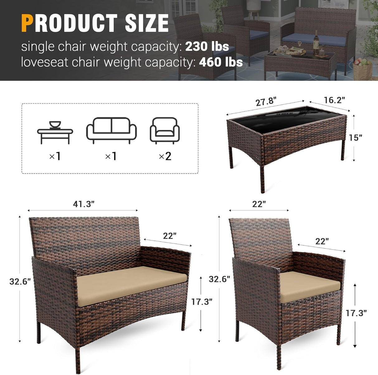 UDPATIO Muebles de patio, 4 piezas, sillas de mimbre para exteriores, juego de conversación de balcón, muebles de porche, sofá biplaza seccional con cojines y mesa para patio, piscina, jardín