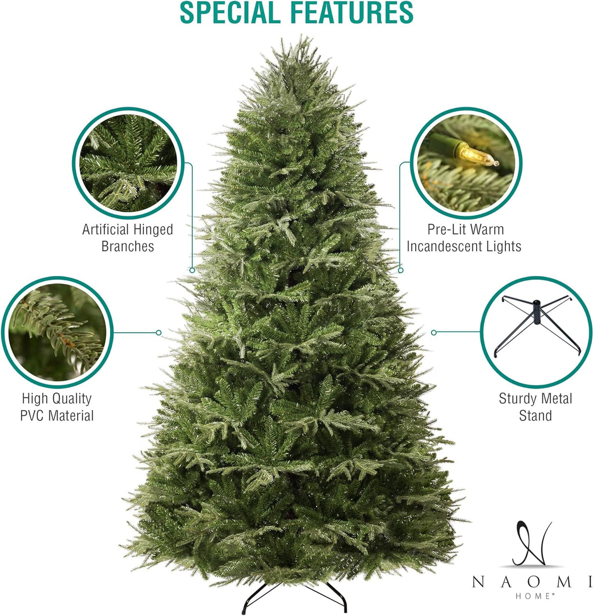 Árbol de Navidad 6.5ft Naomi Home, luces, 2041 ramas, preiluminado