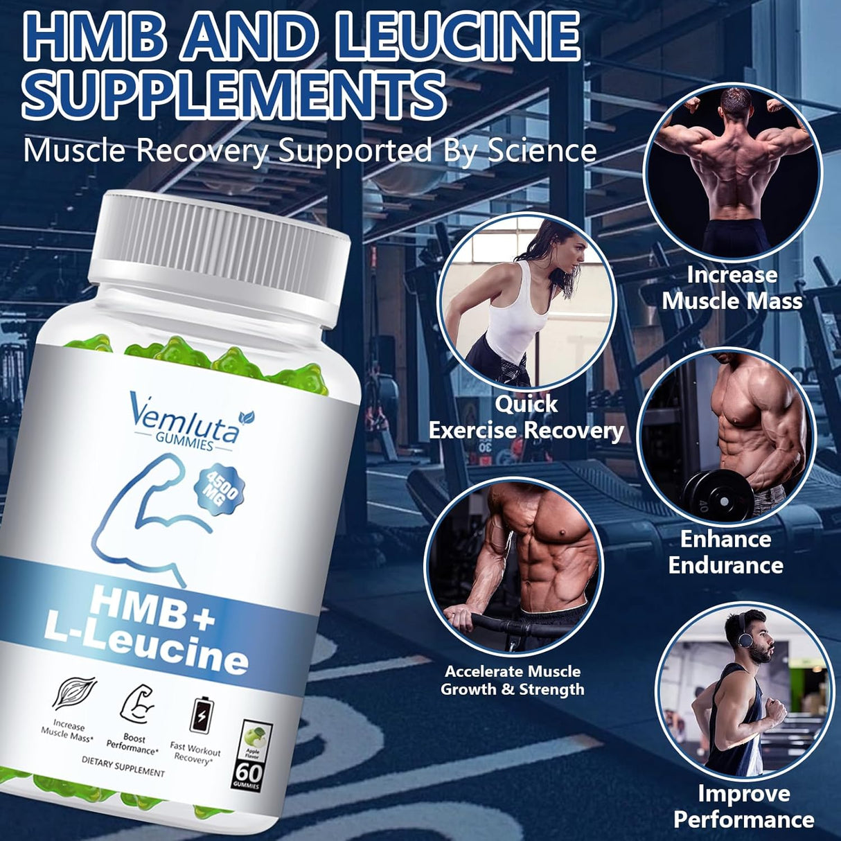 Suplementos de HMB y Leucina en Gummies, 2 Packs, 120u