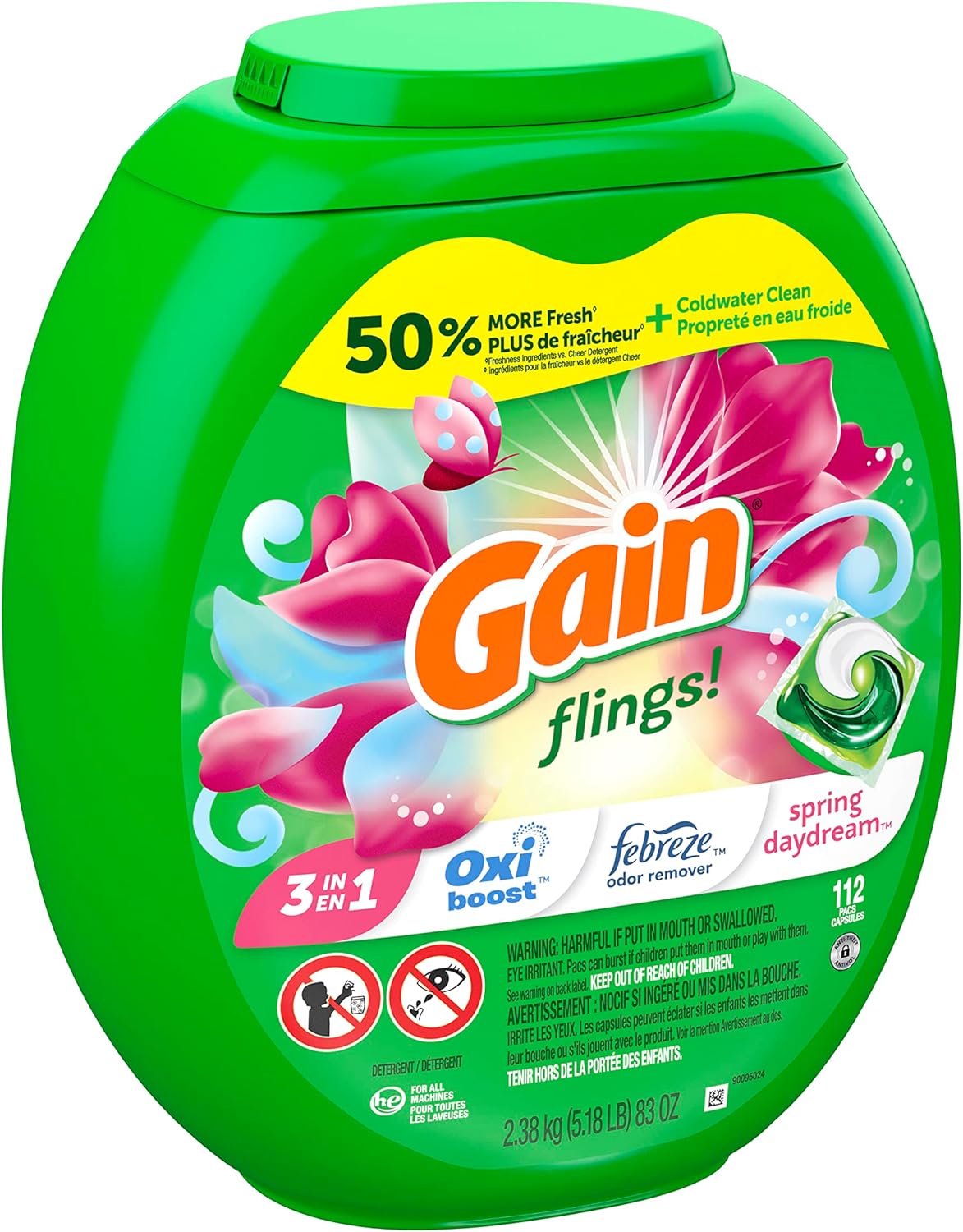 Gain flings Laundry Detergent Soap Pacs HE Compatible 112 ct Long Lasting Scent Spring Daydream