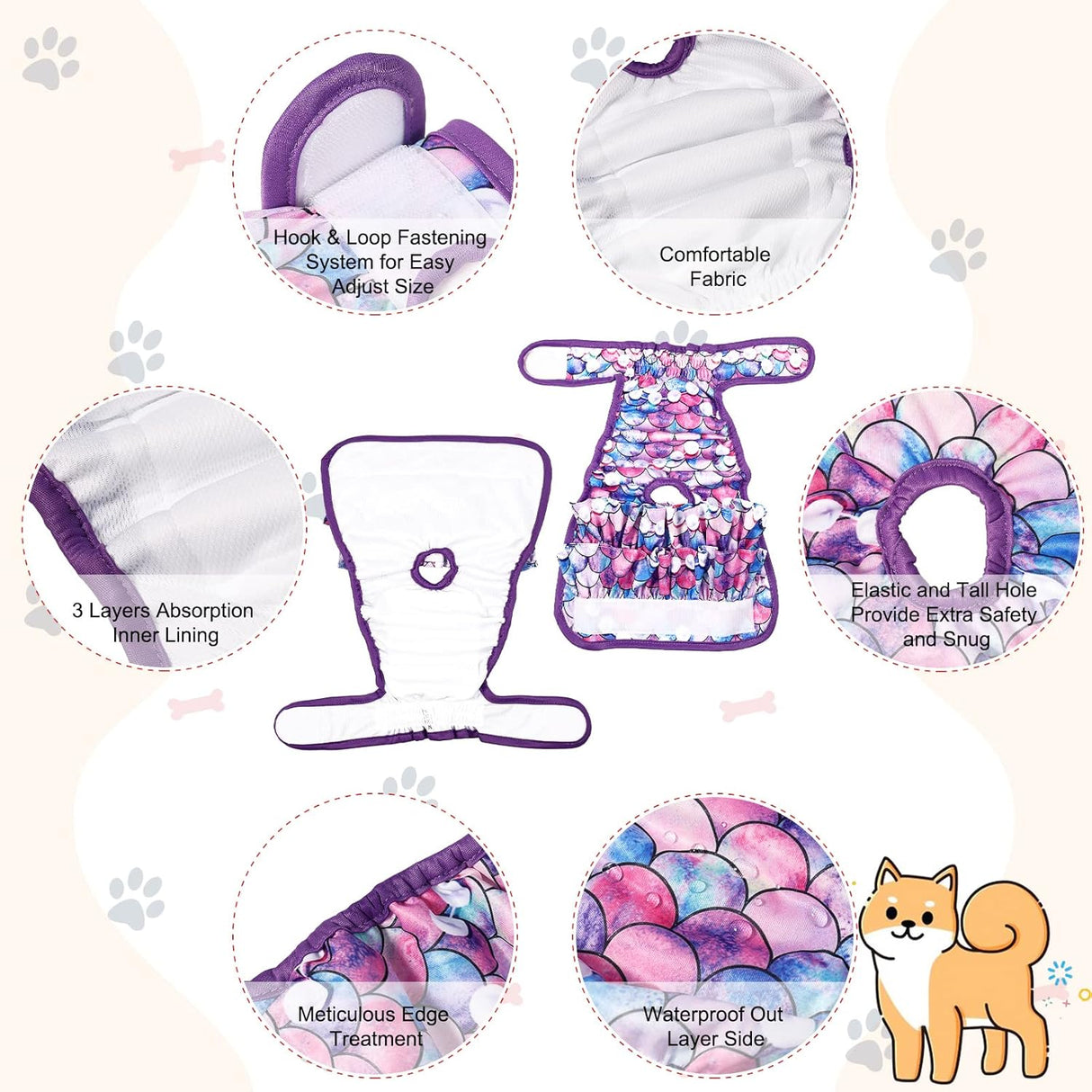 Paquete de 4 pañales para perras, pañales lavables para perras (M, sirena)