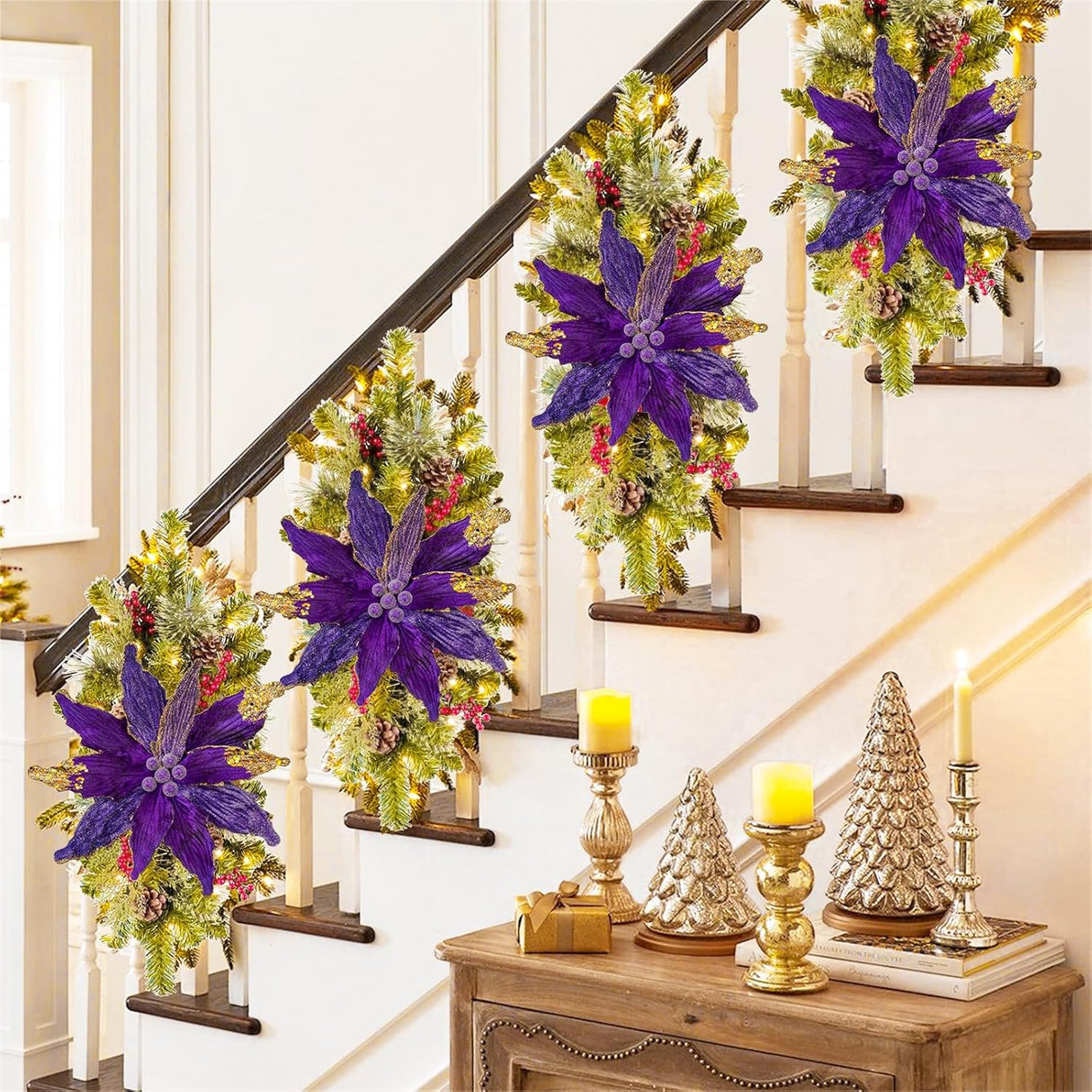 Flores Poinsettia Artificial Briful 12'' Set de 4 para Decorar