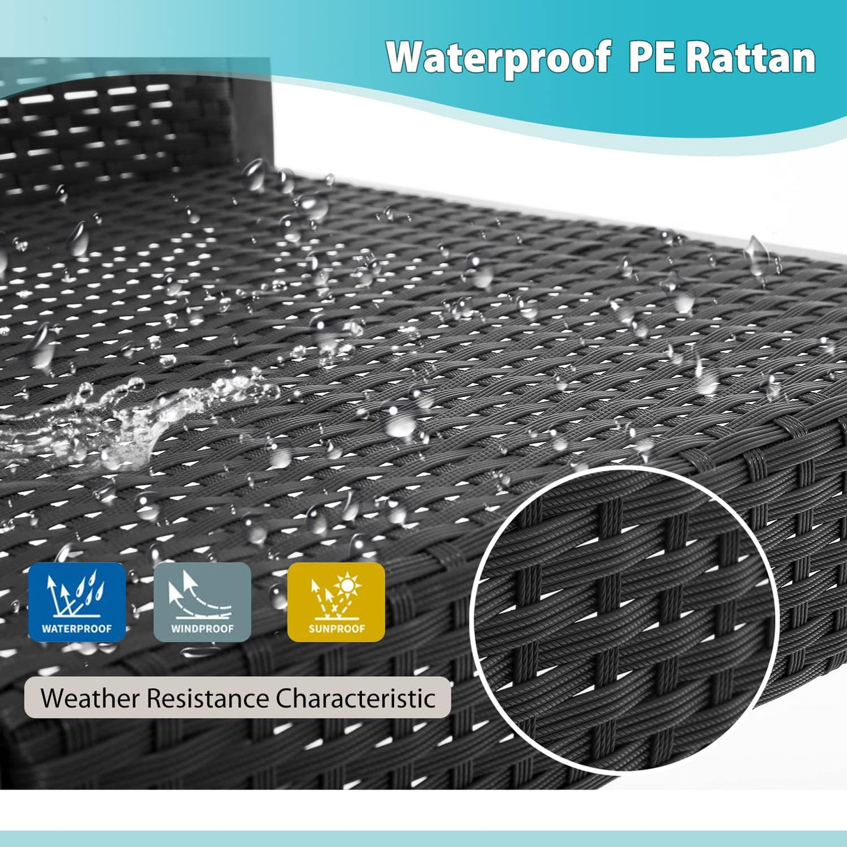 FDW Juego de 3 piezas de muebles de patio para exteriores, sillas de mimbre para patio, muebles de ratán para exteriores, patio, porche, piscina, césped, cojín azul