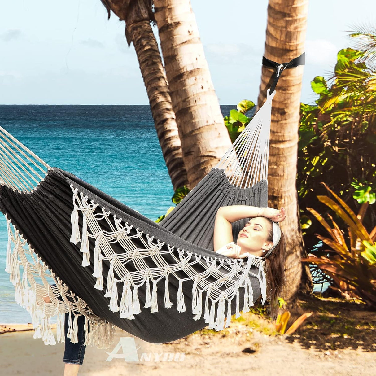 Hamaca Anyoo Jardín, Algodón, Elegante con Borlas, 450lbs