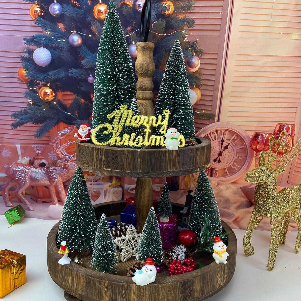 5 PCS Árboles de Navidad de Cepillo con Base de Madera