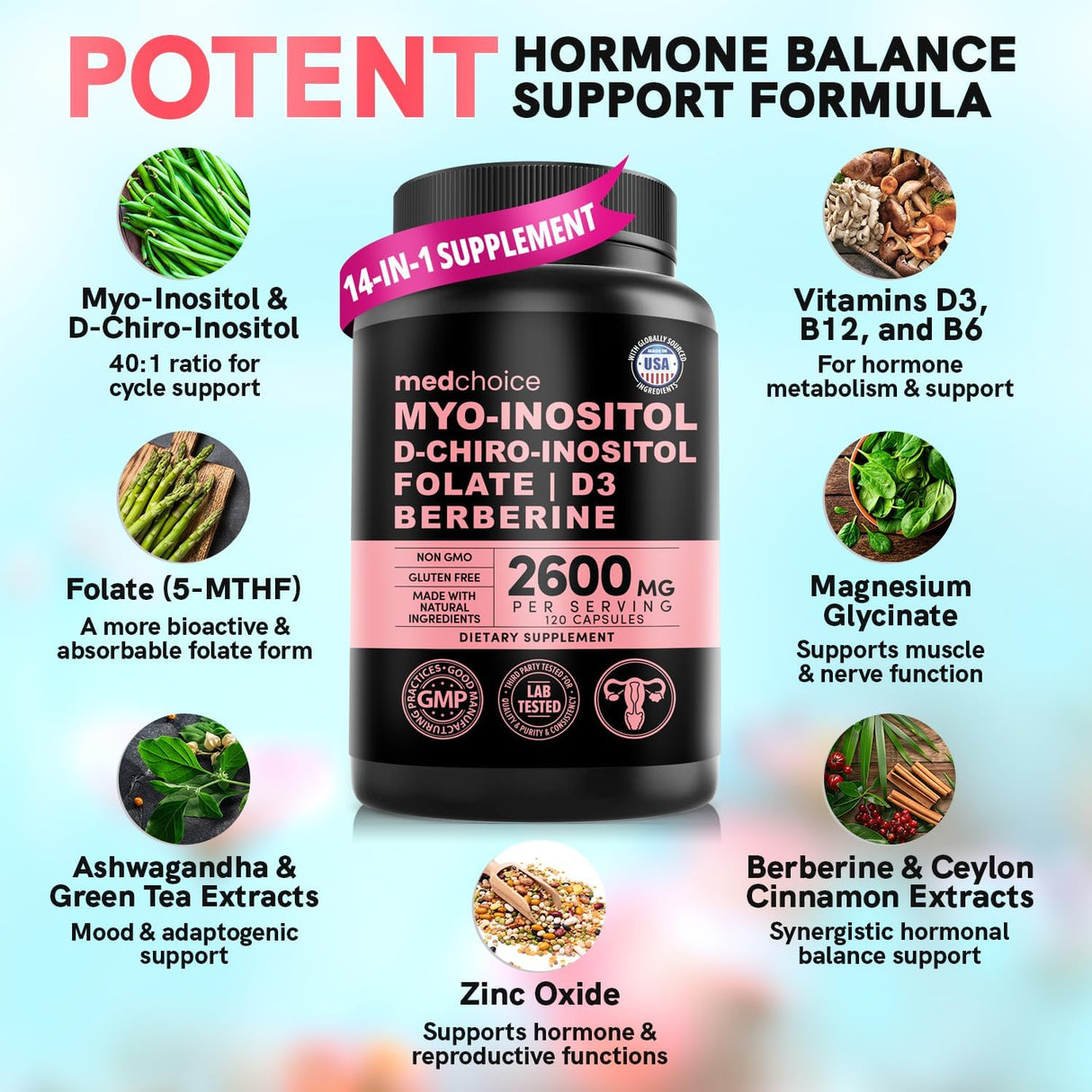 Suplemento 14 en 1 de inositol y soporte hormonal Mujer, 120 capsules