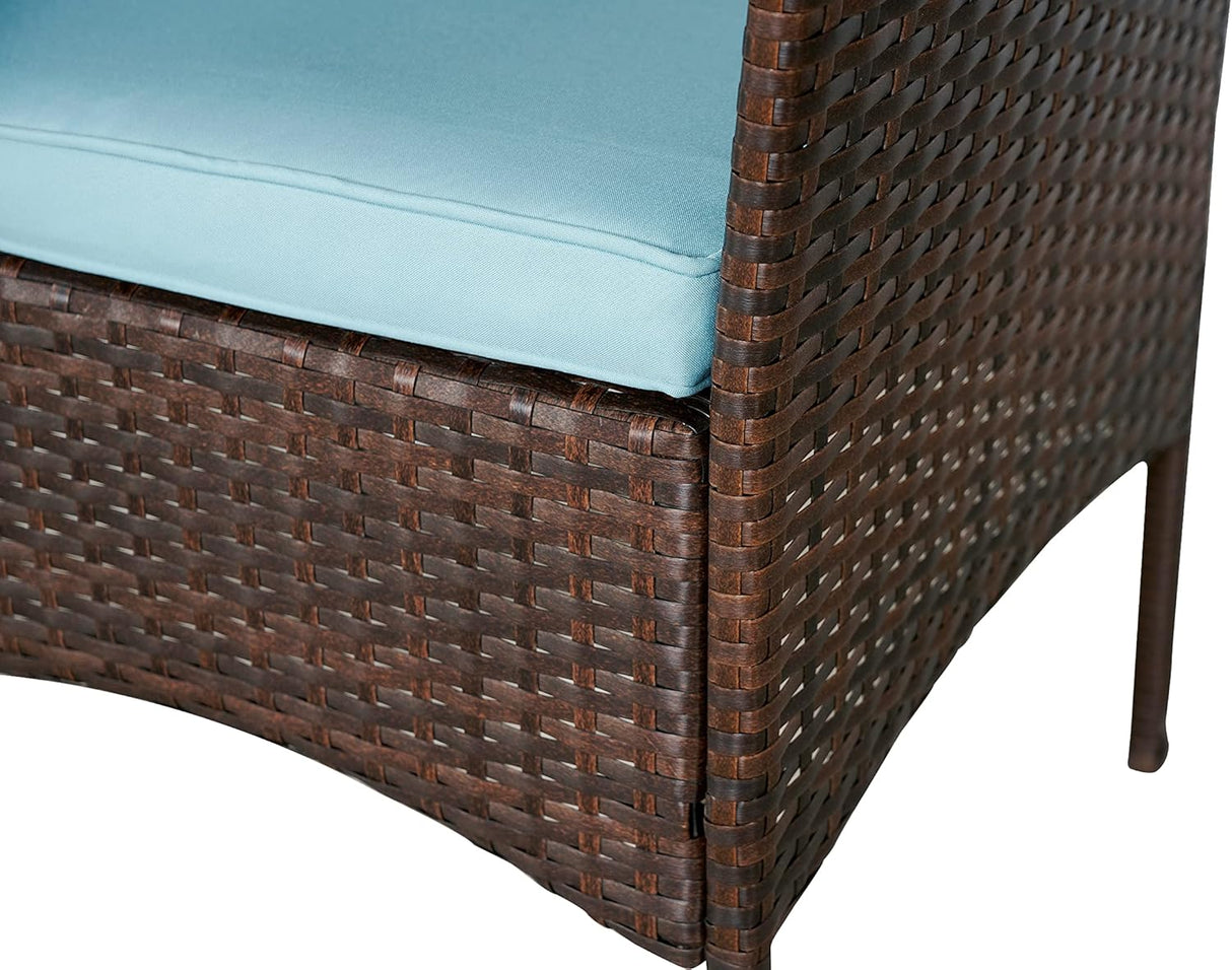 BTEXPERT Juego de 3 piezas de mimbre para exteriores, ahorro de espacio, para jardín, patio, porche, muebles de ratán PE, dos sillas, cojines, mesa de almacenamiento lateral marrón/azul aguamarina