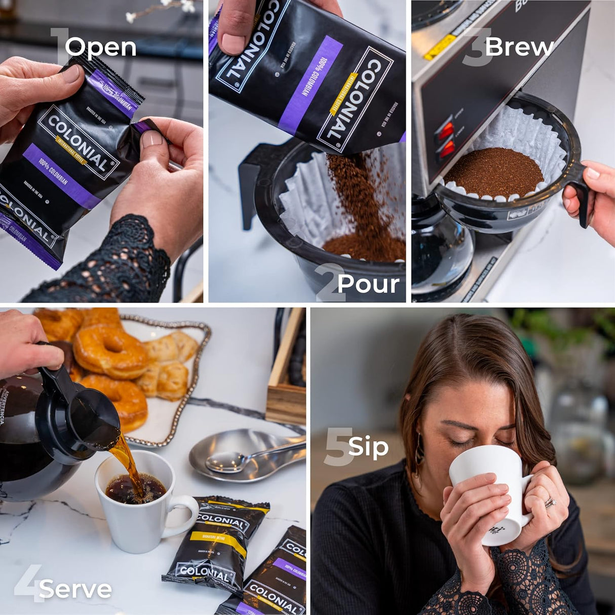 Paquete de café Colonial, variedad de tueste, 32 bolsas 2.5 oz.