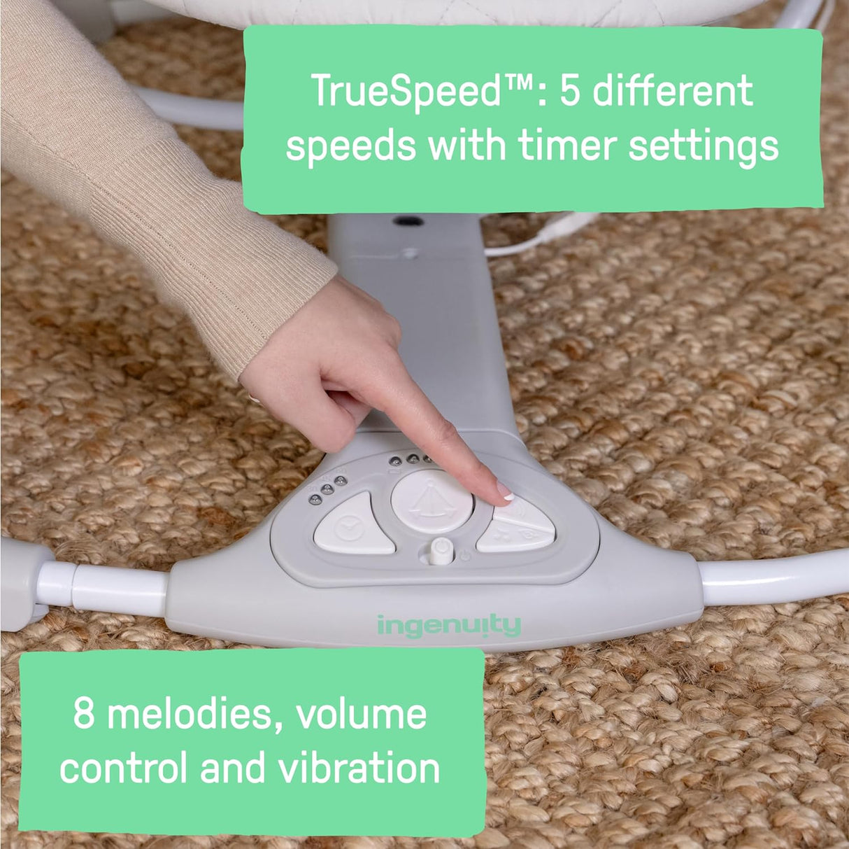 Ingenuity Cozy Spot Swing n Go - Columpio portátil, barra de juguete de madera extraíble y giratoria, 6 velocidades, para edades de 0 a 9 meses, hasta 20 libras