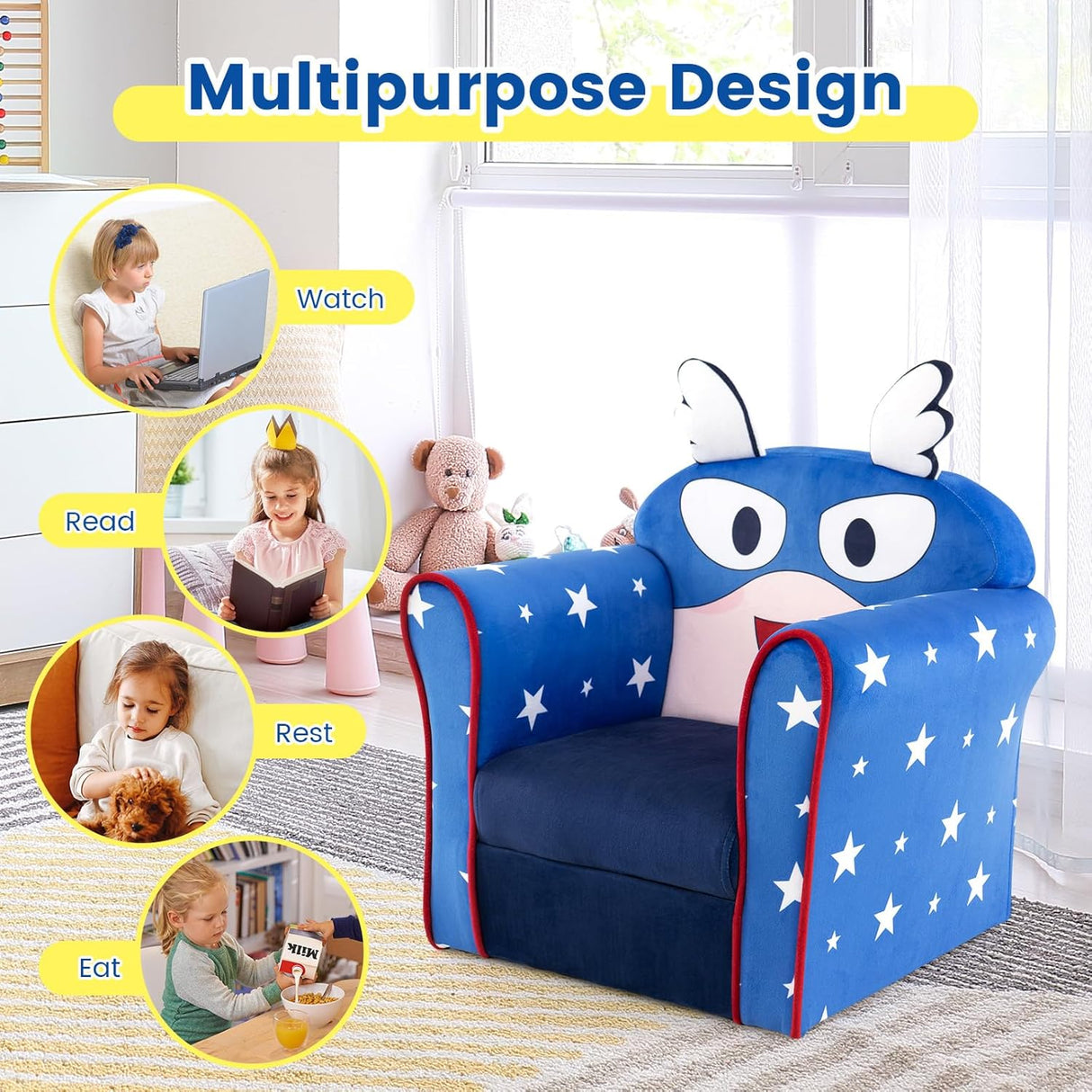 silla con reposabrazos para niños con patrón,Costzon, azul.