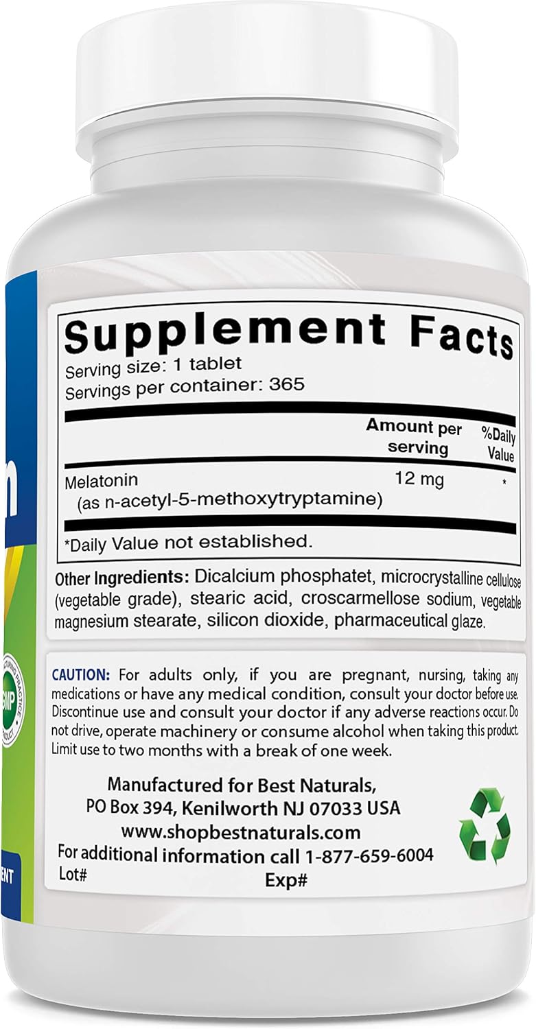 Melatonina 12 mg Best Naturals - Suplemento para dormir 365 ct