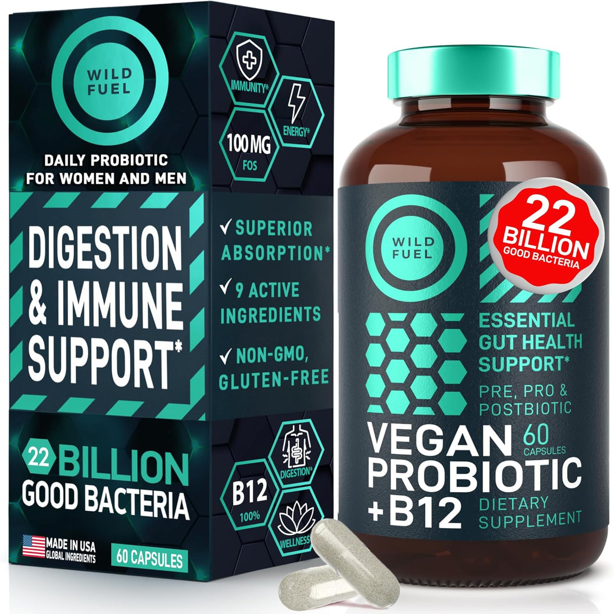 Vegan Probiotic Plus B12 - 22B CFU, Prebiotics, Digestión