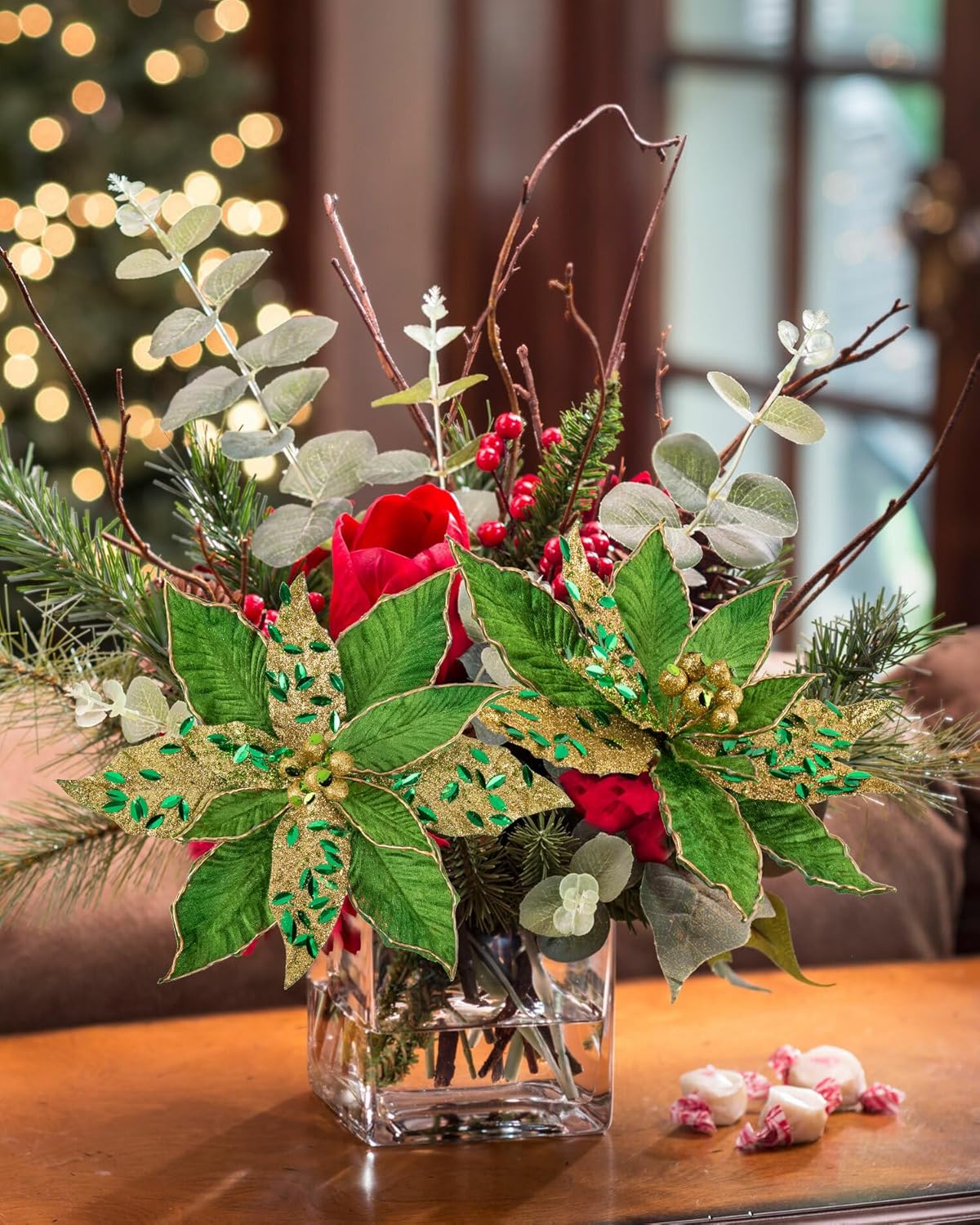 Flores Poinsettia Artificial Briful 12'' Set de 4 para Decorar