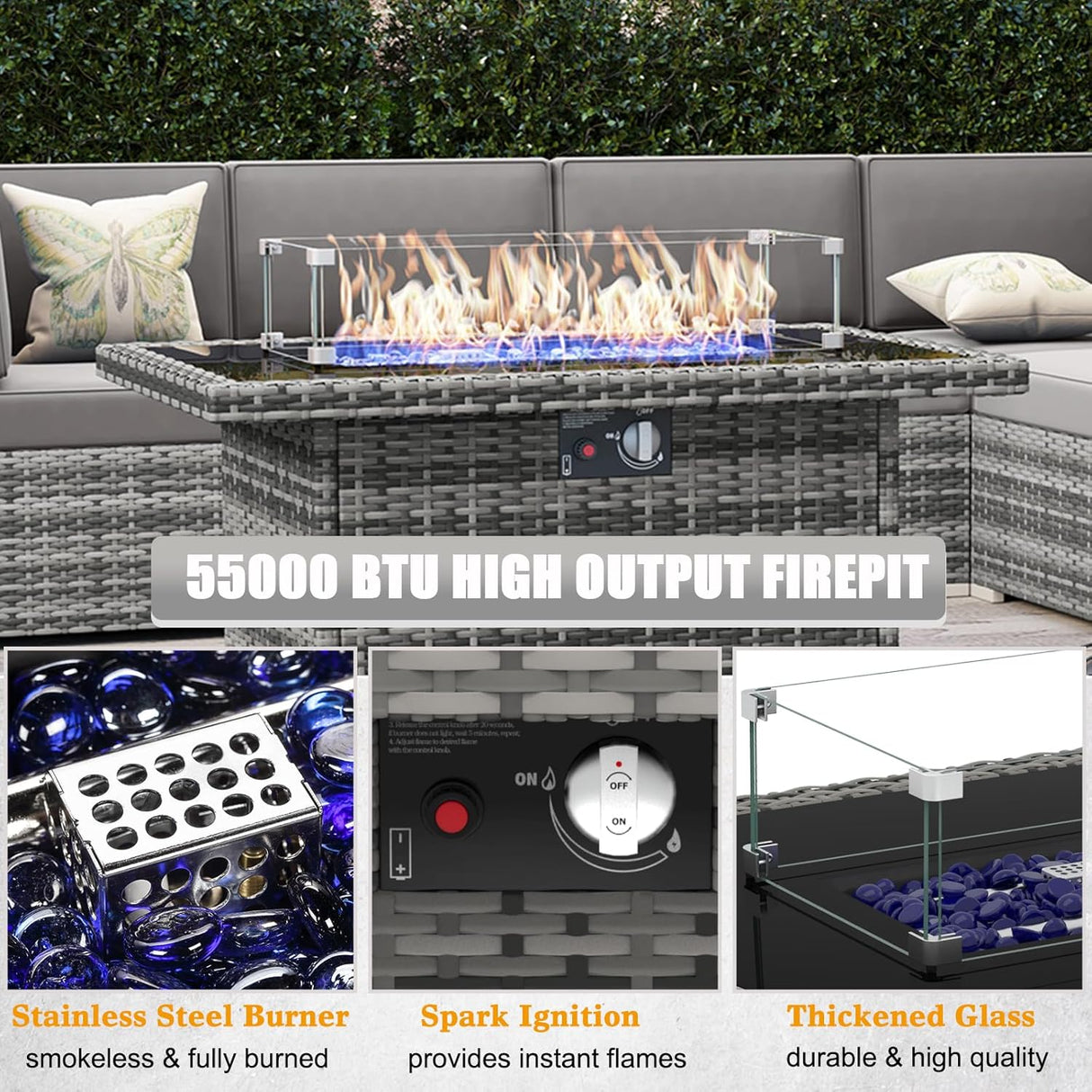 LayinSun Juego de muebles de patio de 8 piezas con mesa de fuego de gas propano de 44 pulgadas, juego de conversación seccional al aire libre, juego de sofá de mimbre de ratán con mesa auxiliar de almacenamiento y mesa auxiliar