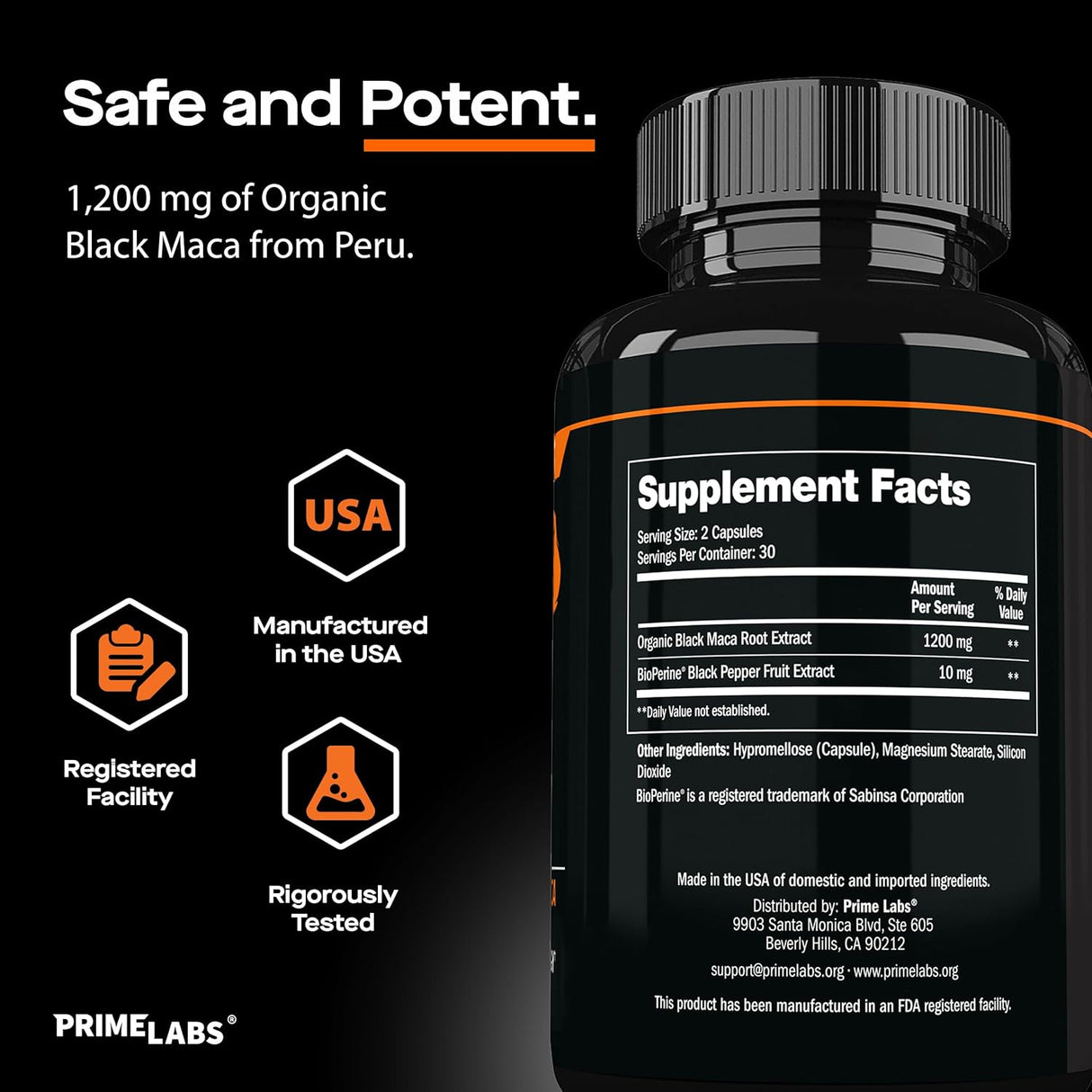 Prime Labs Cápsulas de Maca Negra Orgánica 1200mg, Energía y Vitalidad, 60u