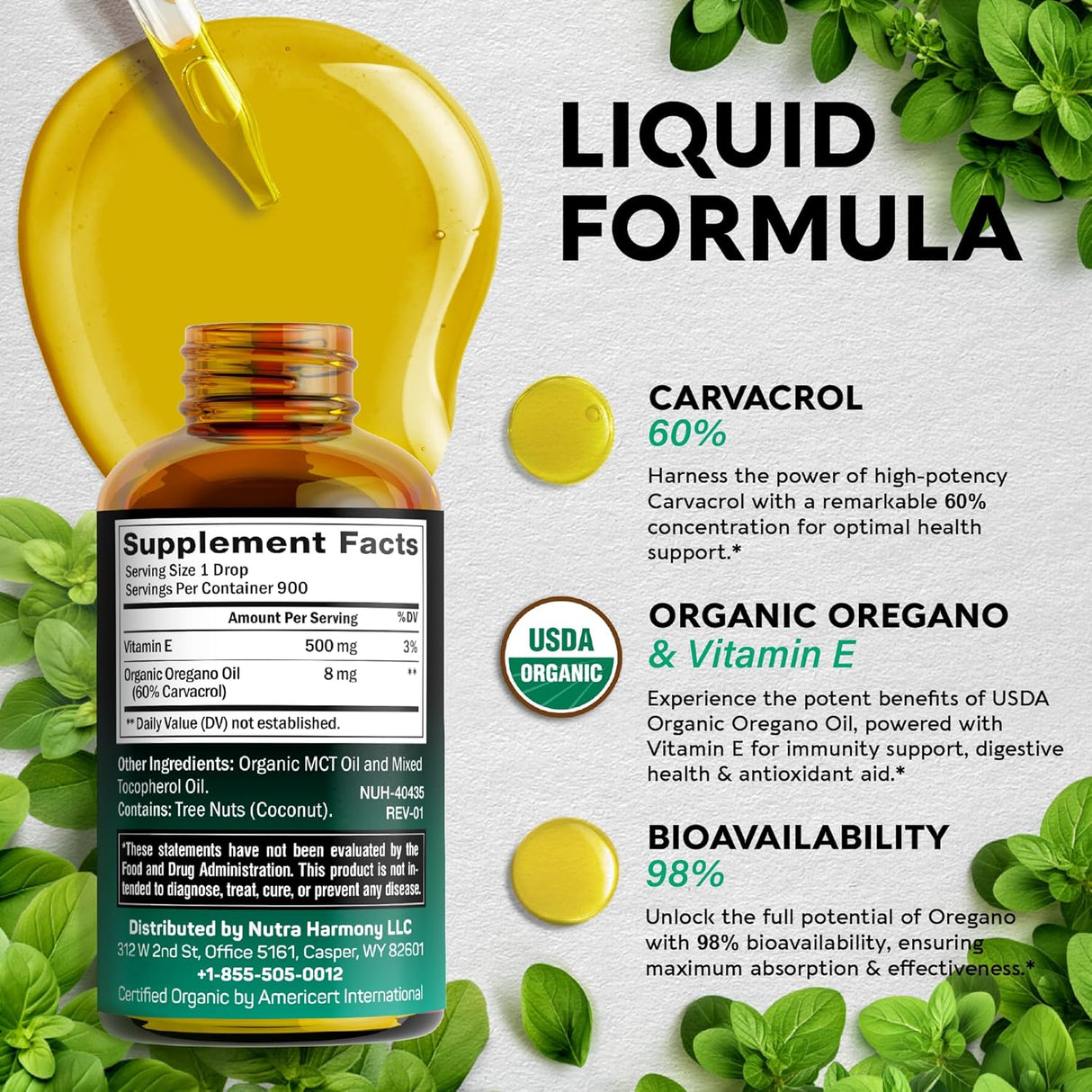 Suplemento Aceite orgánico de orégano USDA Gotas líquidas