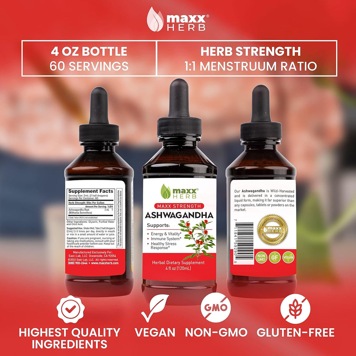 Extracto de Ashwagandha Maxx Herb - 4 Botellas 4 Oz