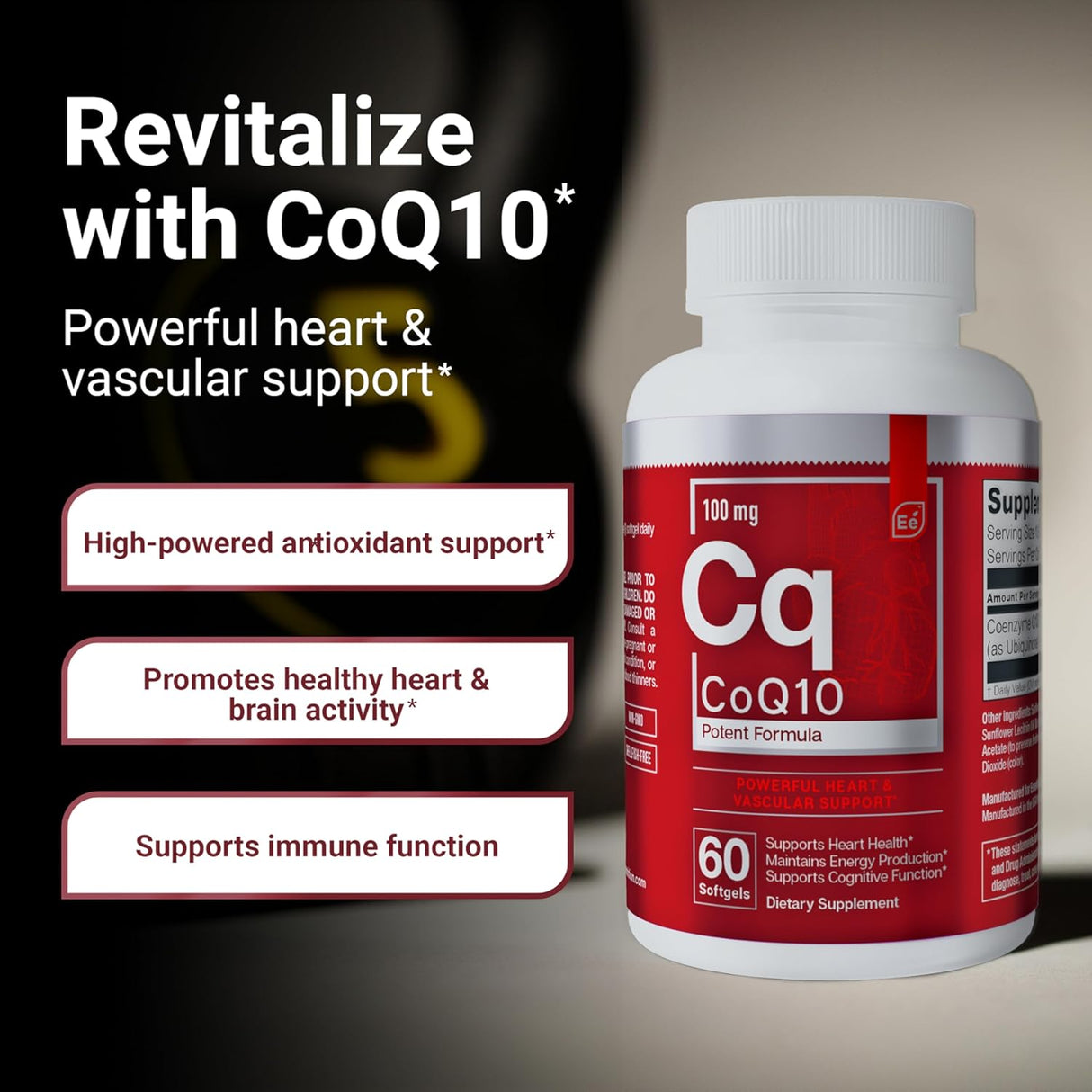CoQ10 Esencial 100mg Suplemento para Corazón y Cerebro 60