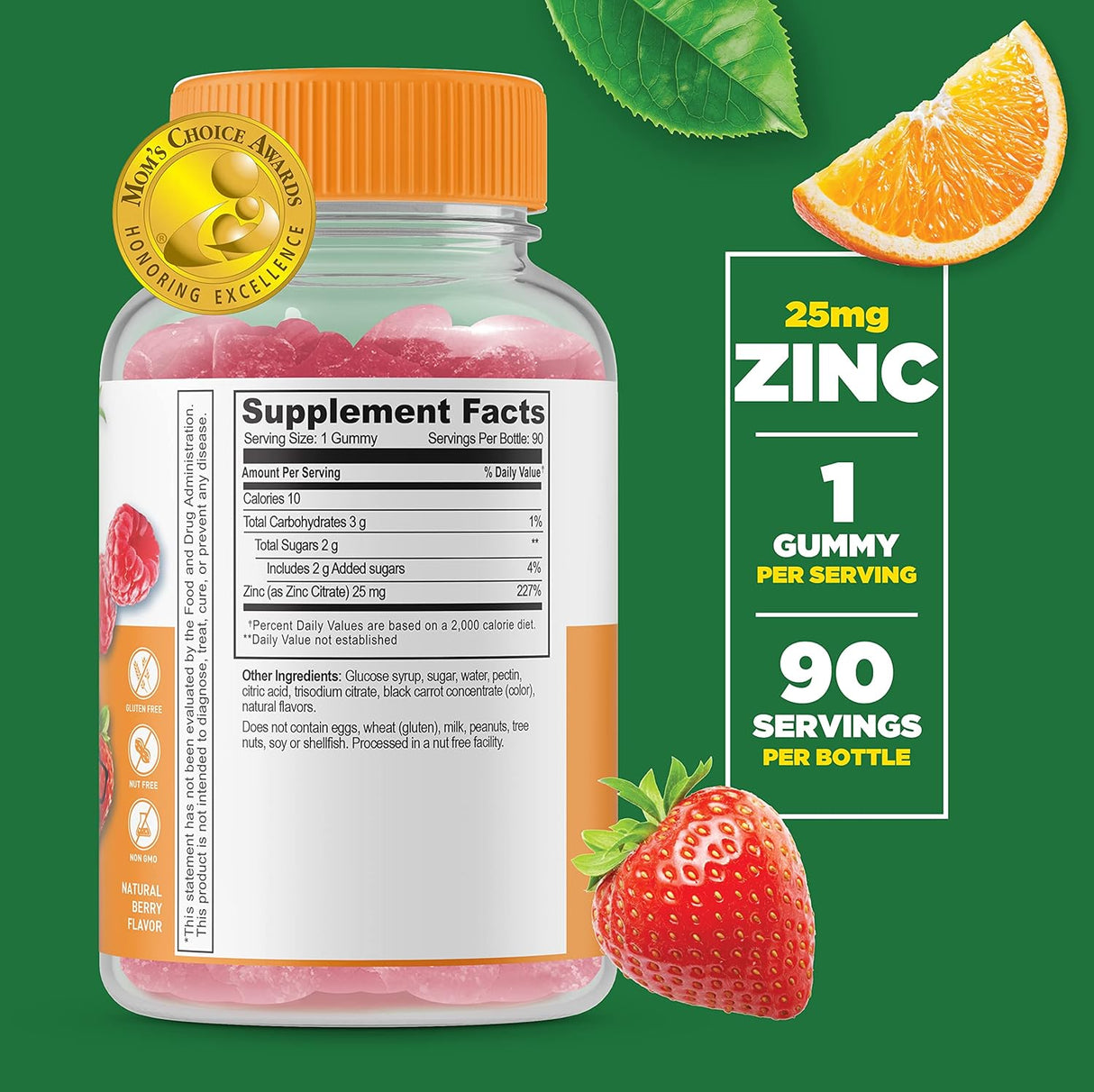 Suplemento Gomitas de zinc realistas para niños, 25 mg 90un