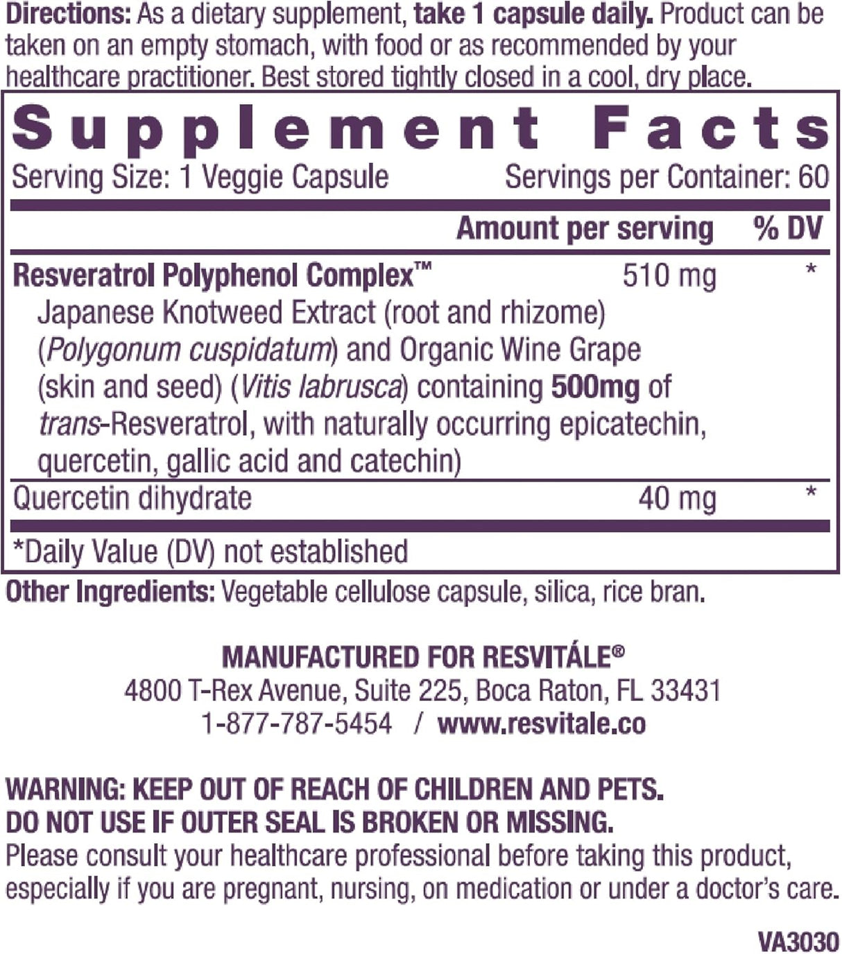 Suplemento ResVitále Resveratrol 500 mg 60 cápsula vegetal