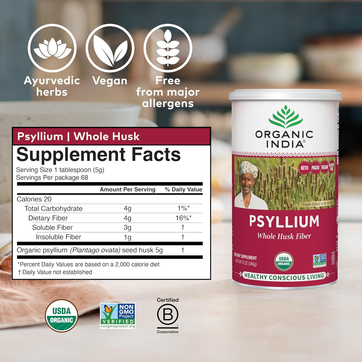 Polvo de Psyllium Orgánico - Fibra de Cáscara, Vegano, Sin Gluten