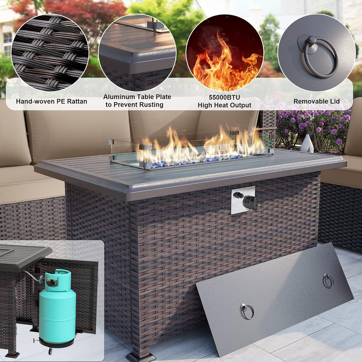 ALAULM Juego de 15 muebles de patio para exteriores con mesa para fogata de propano, sofás seccionales para exteriores, muebles de patio, fogata de gas de 43 pulgadas, juego de conversación de ratán de polietileno marrón con 12 cojines, arena