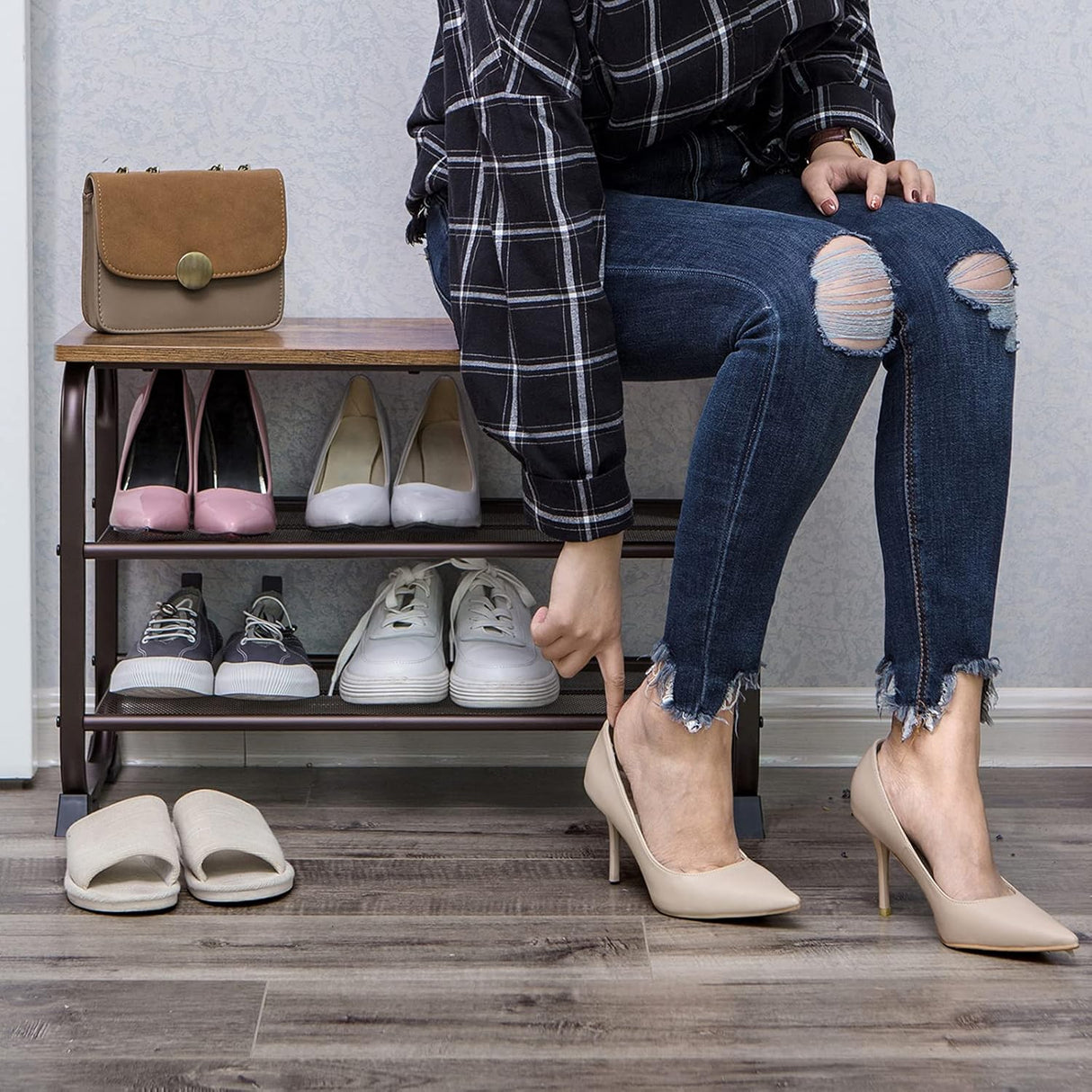 Banco de Zapatos VASAGLE, Estante 3 Niveles, Estilo Industrial