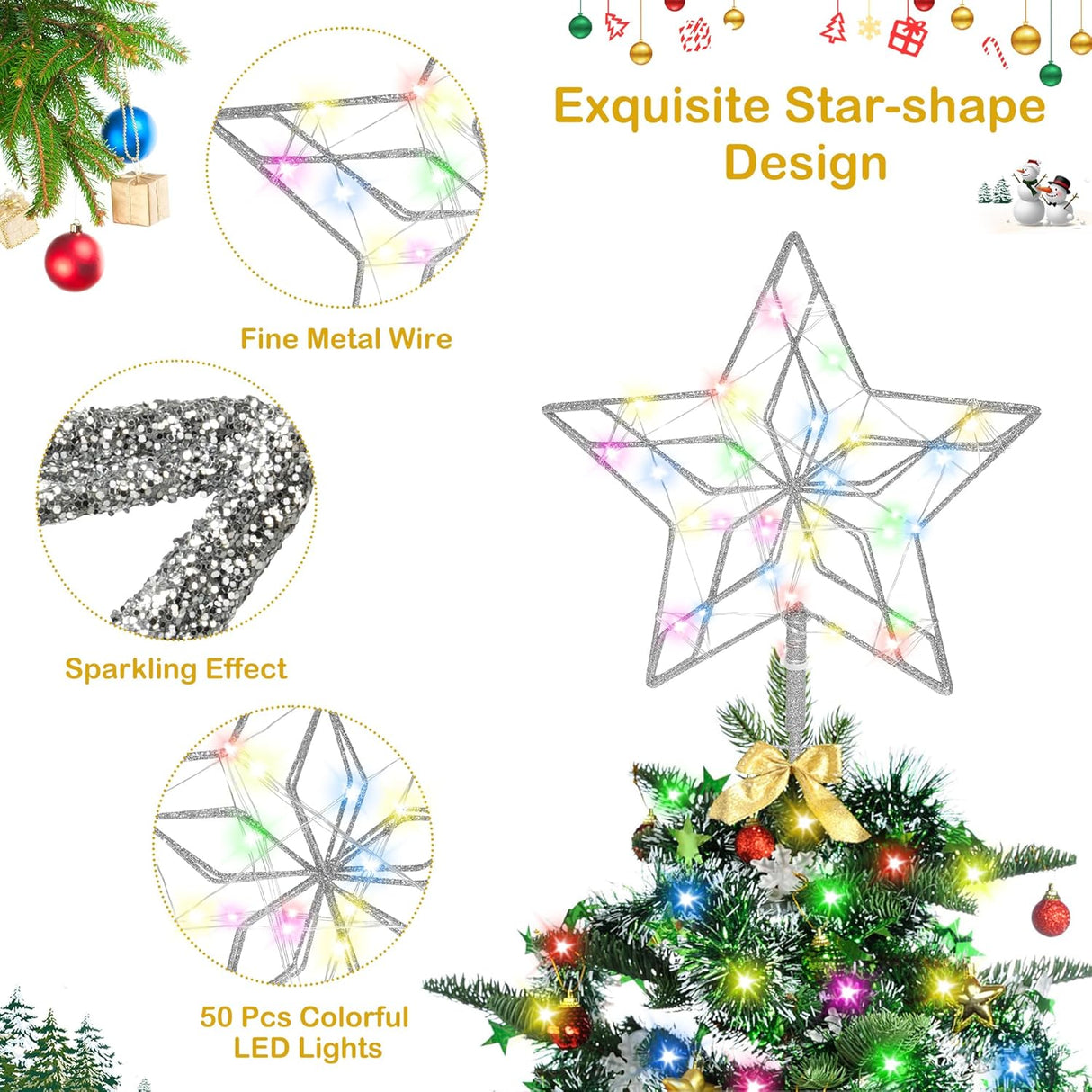 Estrella Decorativa para Árbol de Navidad, 50 Luces, Metal