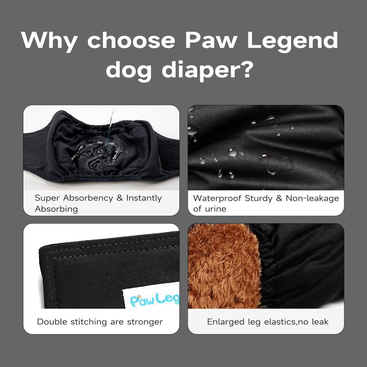 Paw Legend - Pañales lavables perro (3 unidades), S, Negro, negro, negro