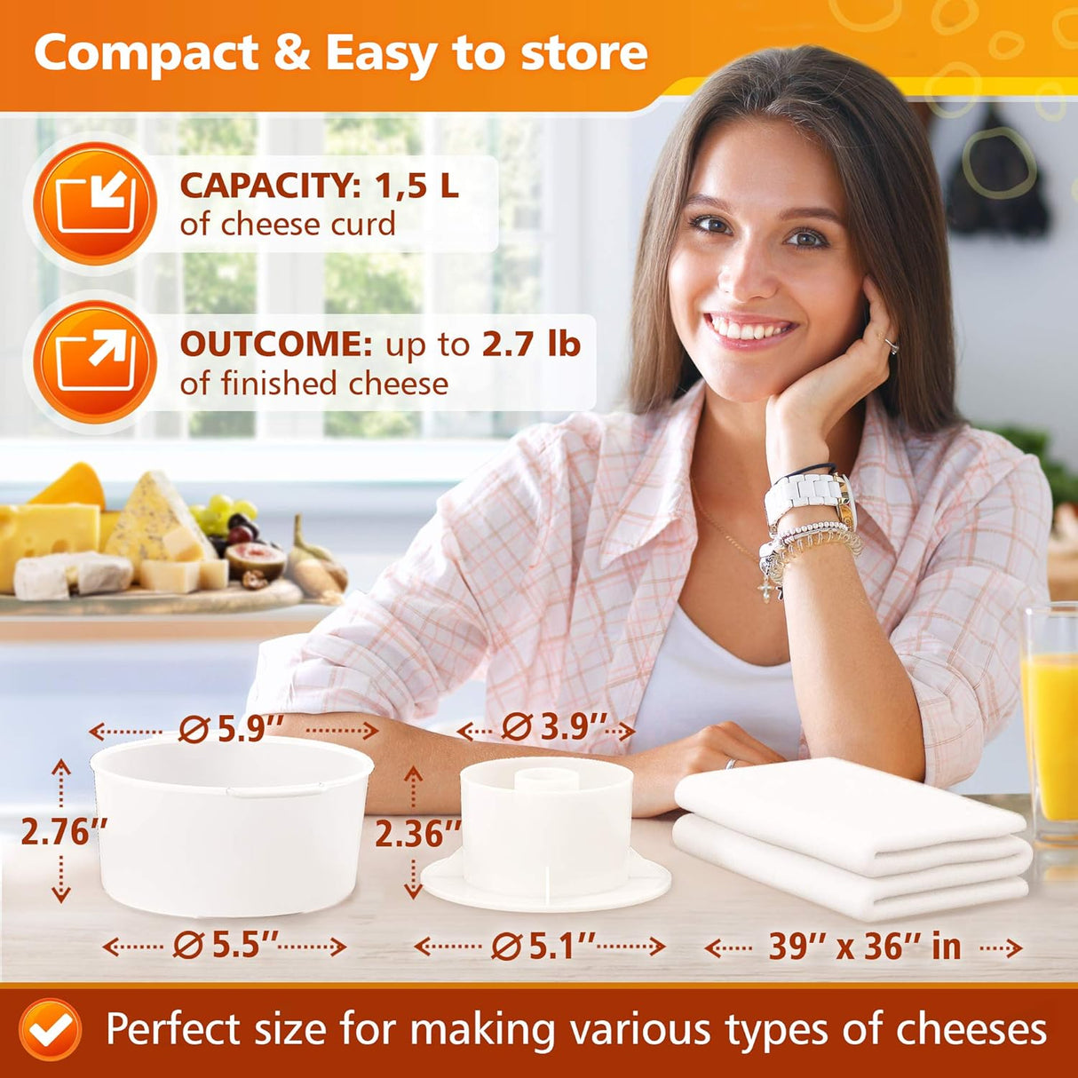 Moldes de queso con seguidor y estopilla con prensa