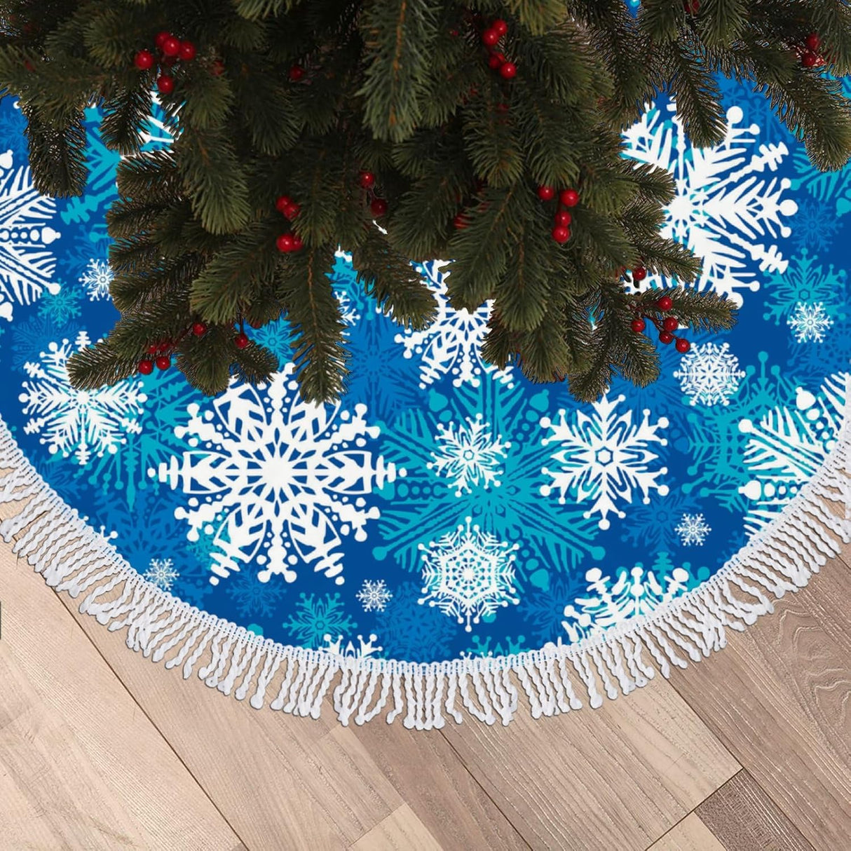 Funda para árbol de Navidad 30 con copos de nieve y flecos