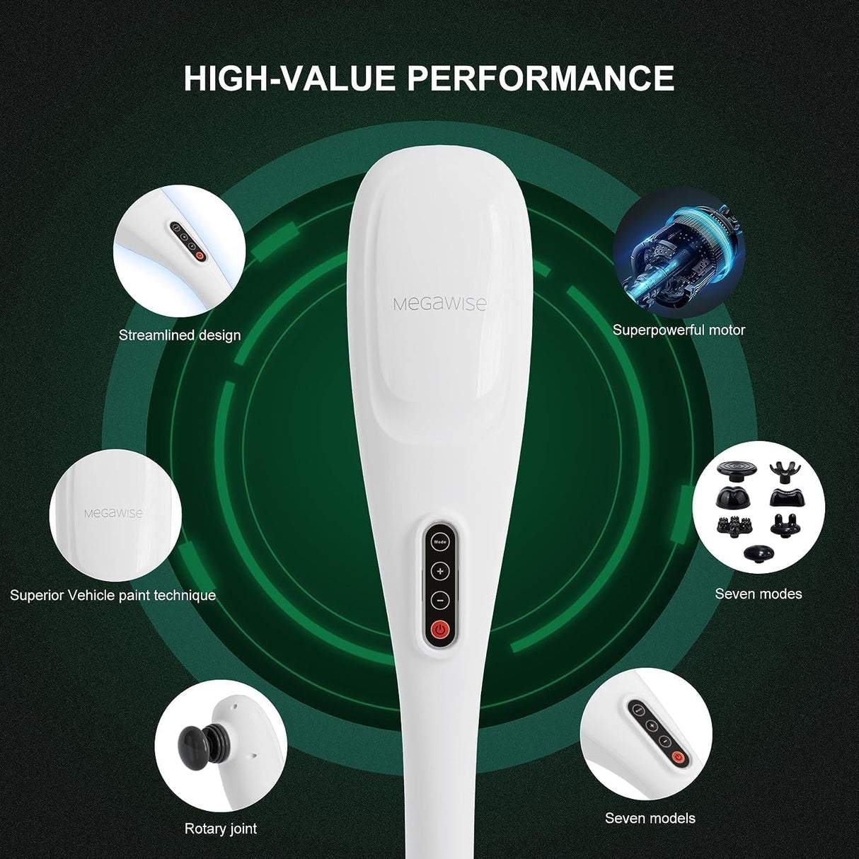 Masajeador Cordless MEGAWISE, 5 velocidades, 7 nodos, 3200mAh