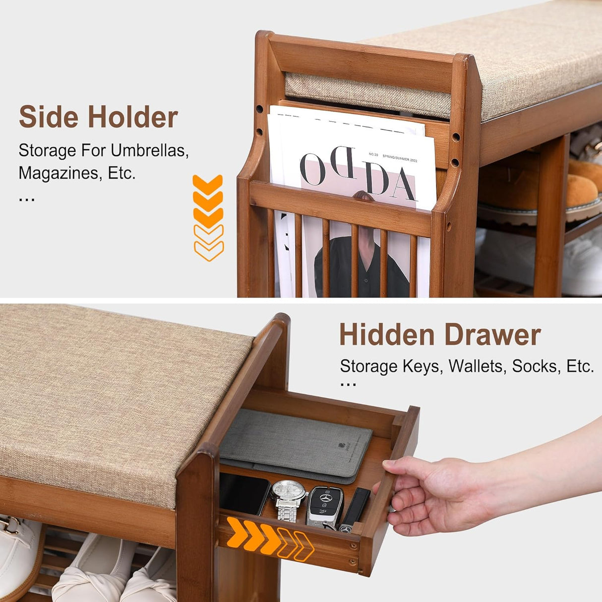 Banco zapatero con cajón oculto y soporte lateral, 2 niveles